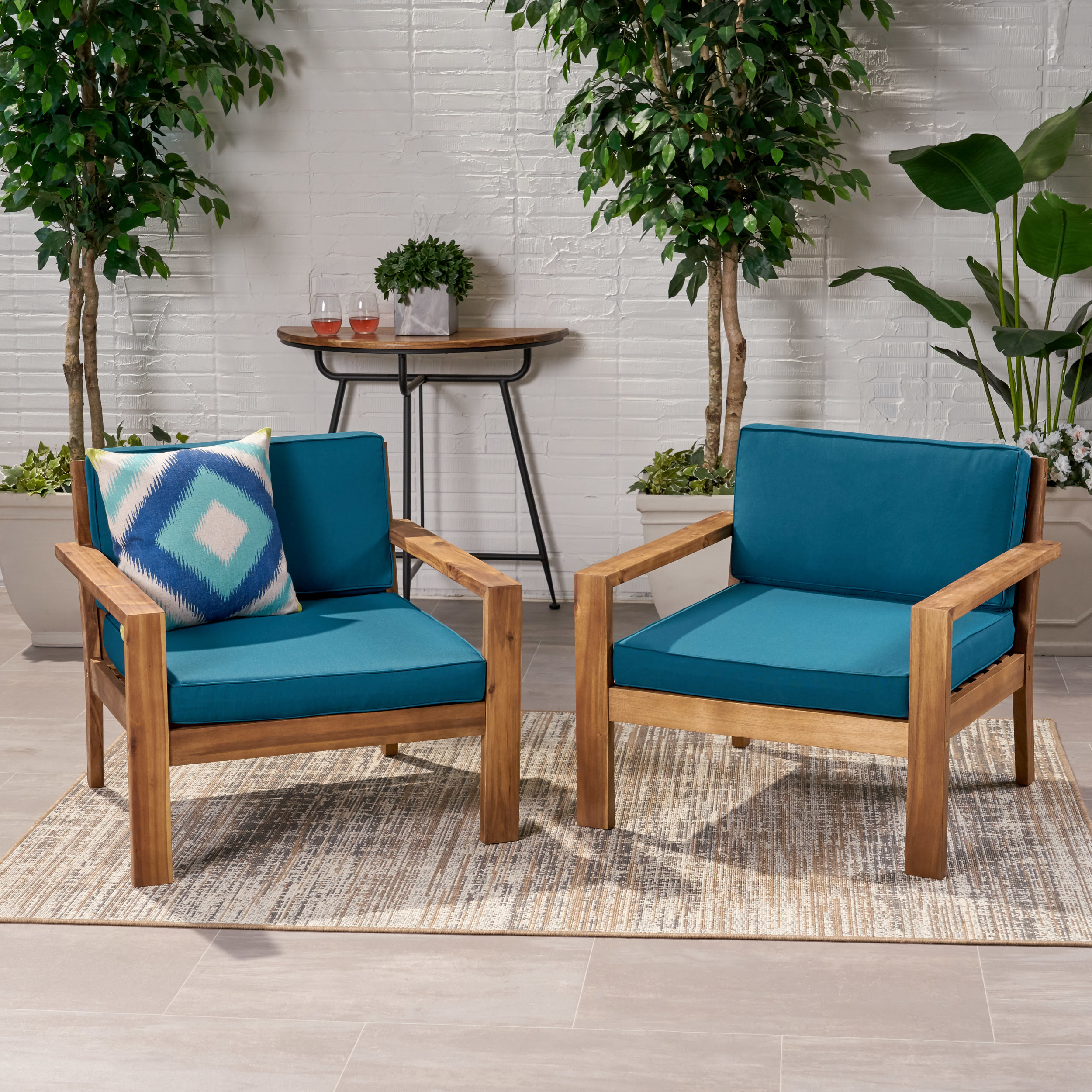 Afra Outdoor Acacia Wood Club Chairs With Cushions (Set Of 2) - Teak Finish, Dark Teal