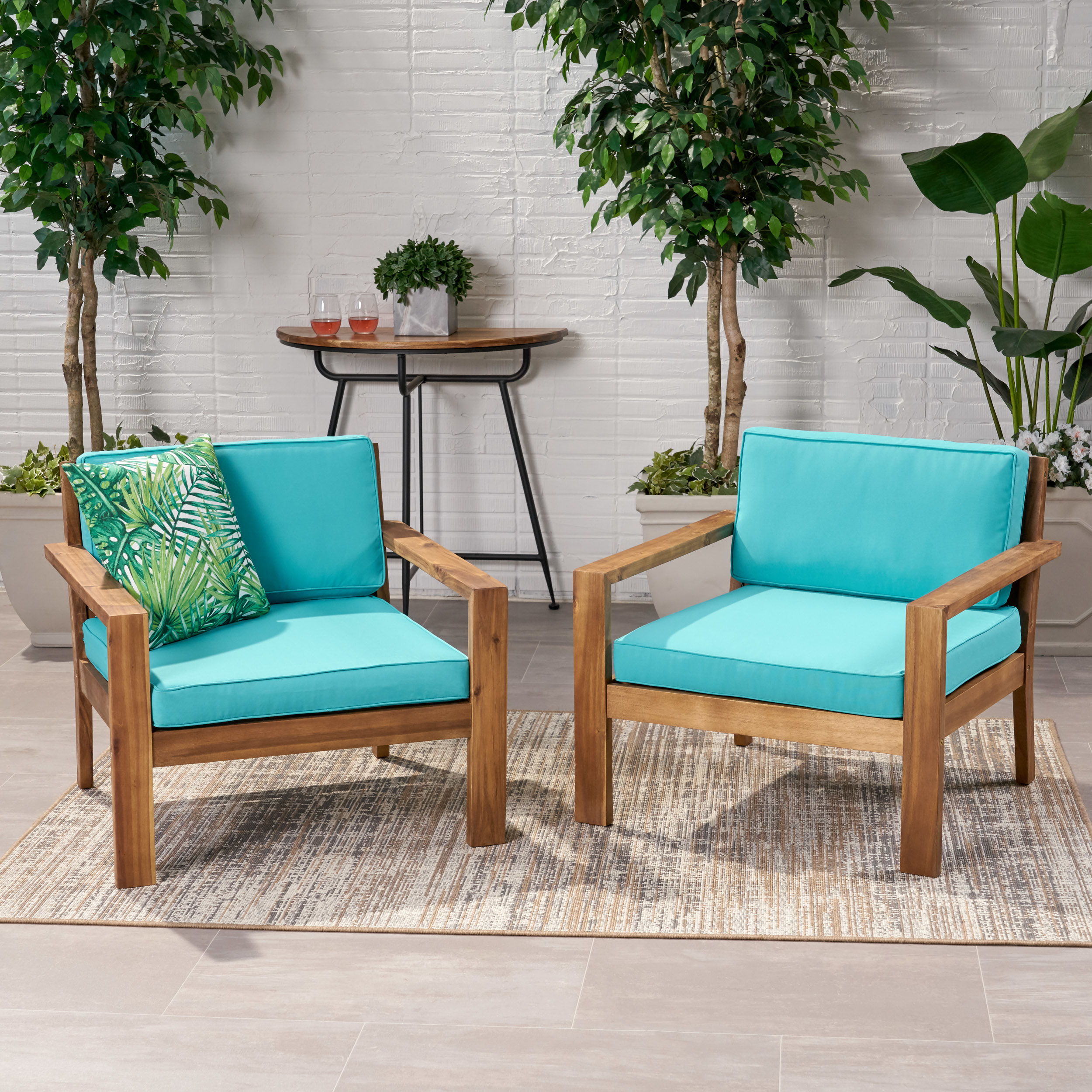 Afra Outdoor Acacia Wood Club Chairs With Cushions (Set Of 2) - Teak Finish, Teal