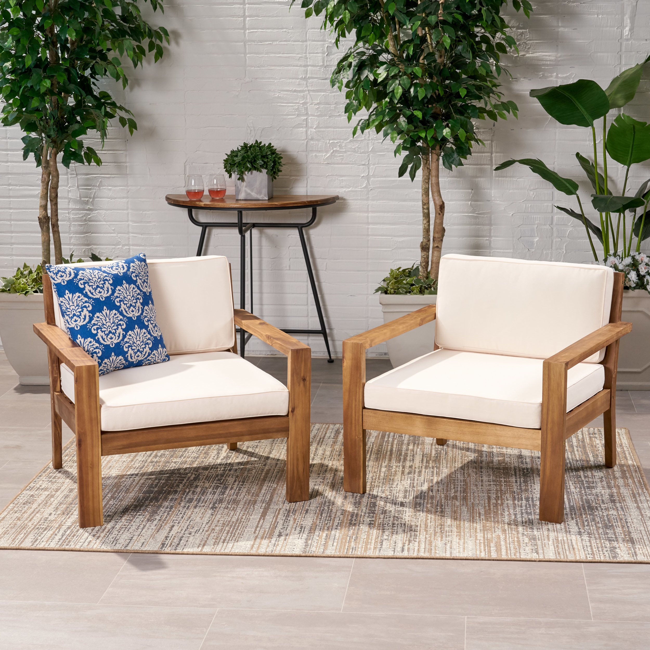 Afra Outdoor Acacia Wood Club Chairs With Cushions (Set Of 2) - Teak Finish, Cream