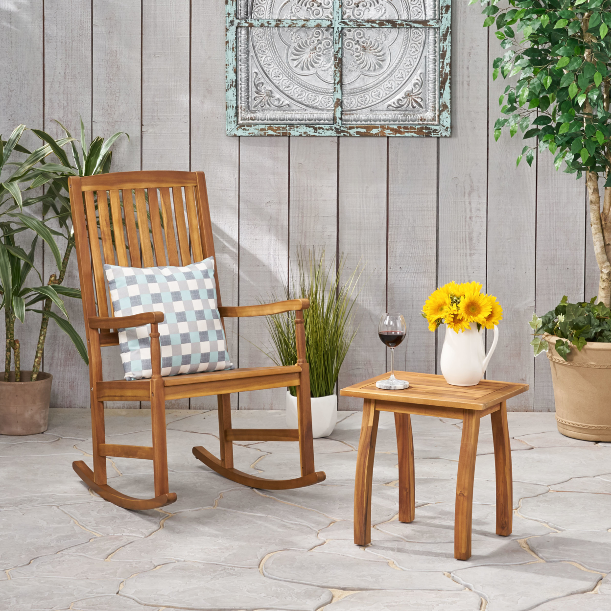 Tobey Outdoor Acacia Wood Rocking Chair And Side Table Set - Gray Finish