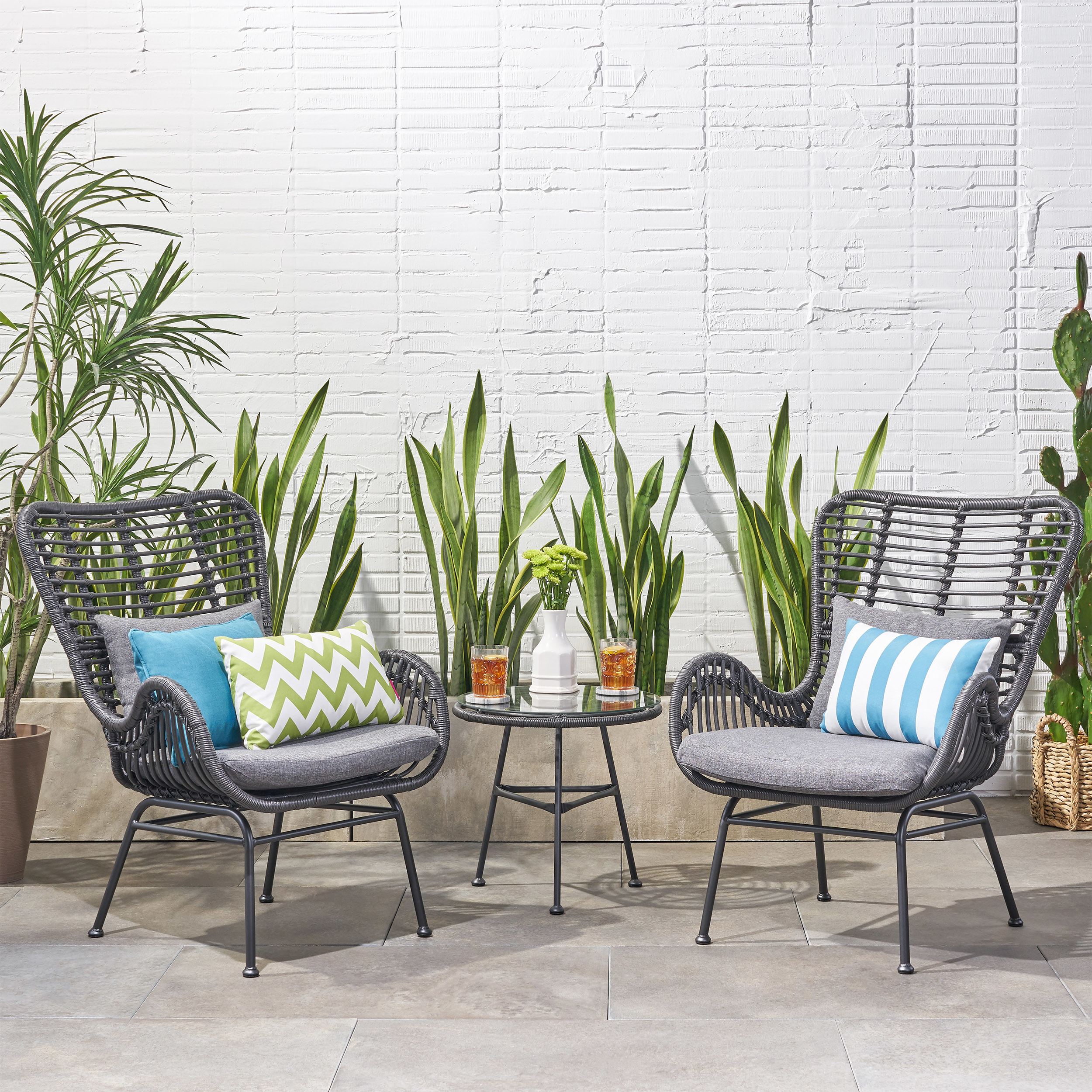 Naomi Outdoor 3 Piece Wicker Chat Set With Cushions - Gray, Black, Dark Gray