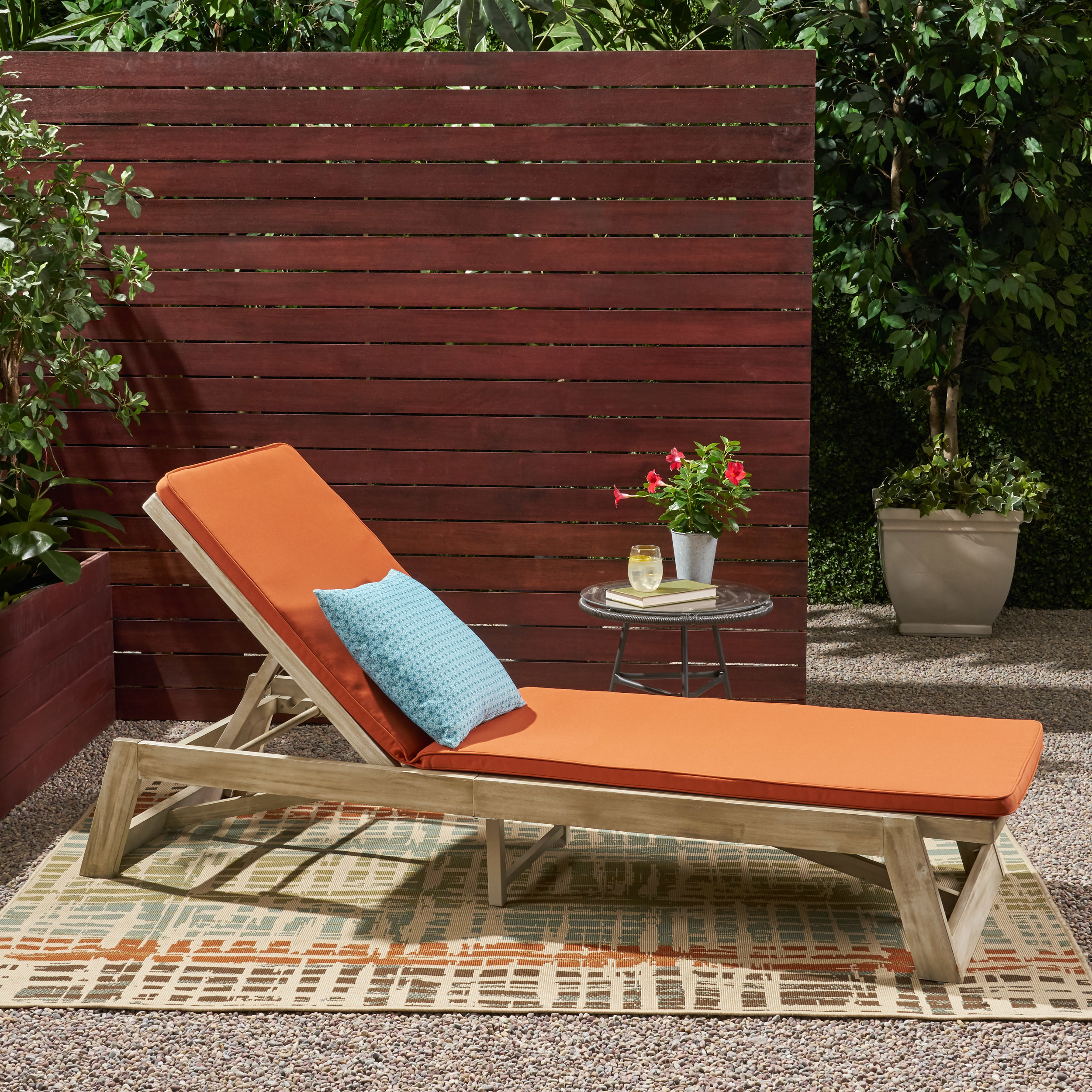 Adelaide Outdoor Acacia Wood Chaise Lounge And Cushion Set - Light Gray Wash, Gray, Rust Orange