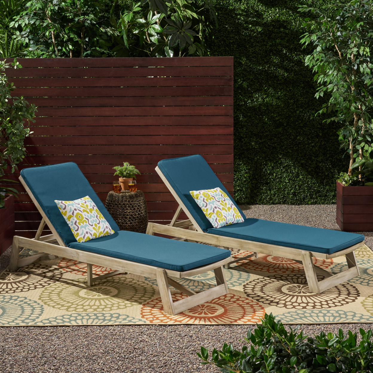 Tina Outdoor Acacia Wood Chaise Lounge And Cushion Sets (Set Of 2) - Light Gray Wash, Gray, Blue