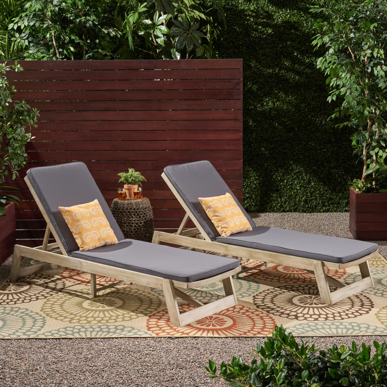 Tina Outdoor Acacia Wood Chaise Lounge And Cushion Sets (Set Of 2) - Light Gray Wash, Gray, Blue