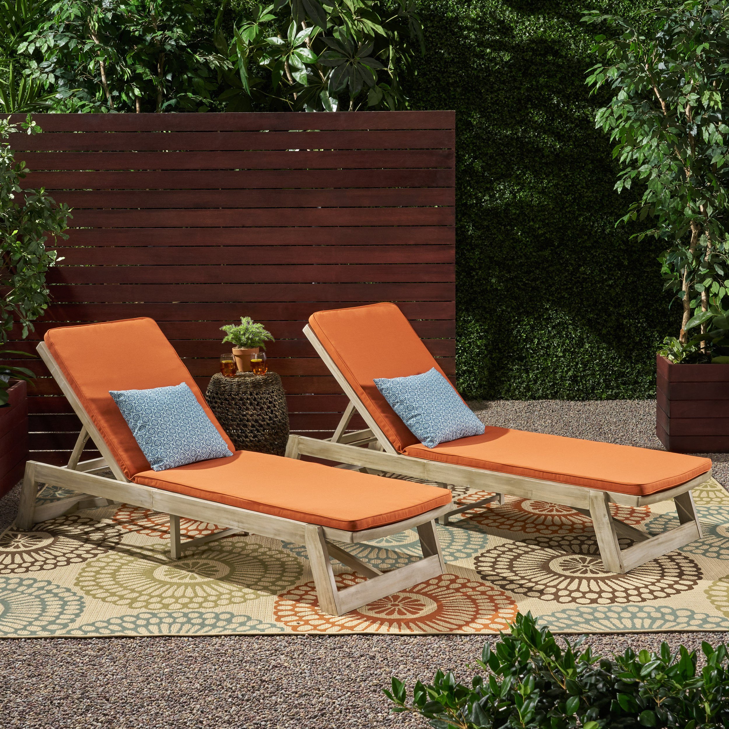 Tina Outdoor Acacia Wood Chaise Lounge And Cushion Sets (Set Of 2) - Light Gray Wash, Gray, Rust Orange