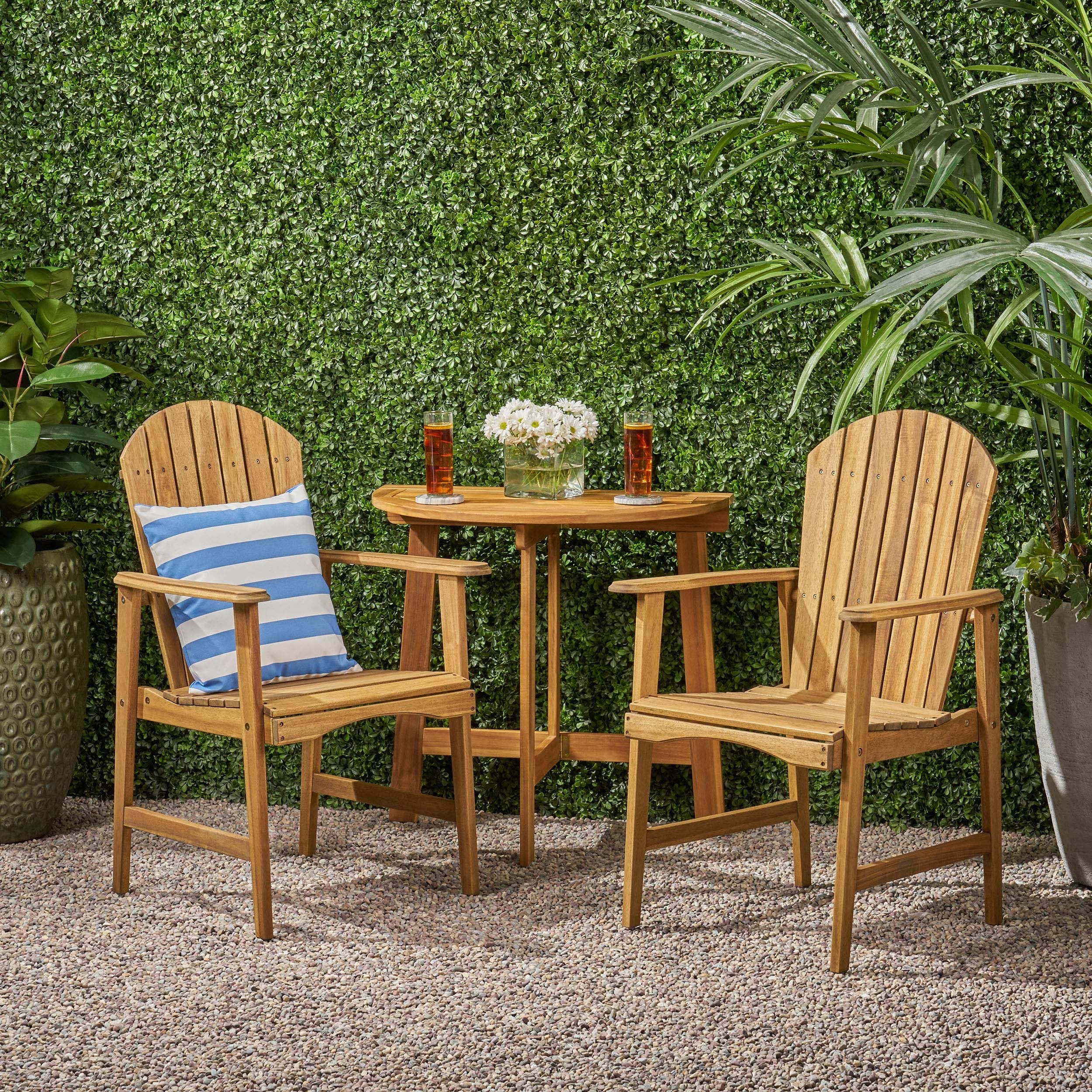 Bridget Outdoor 2 Seater Half-Round Acacia Wood Bistro Table Set With Adirondack Chairs - Natural Finish