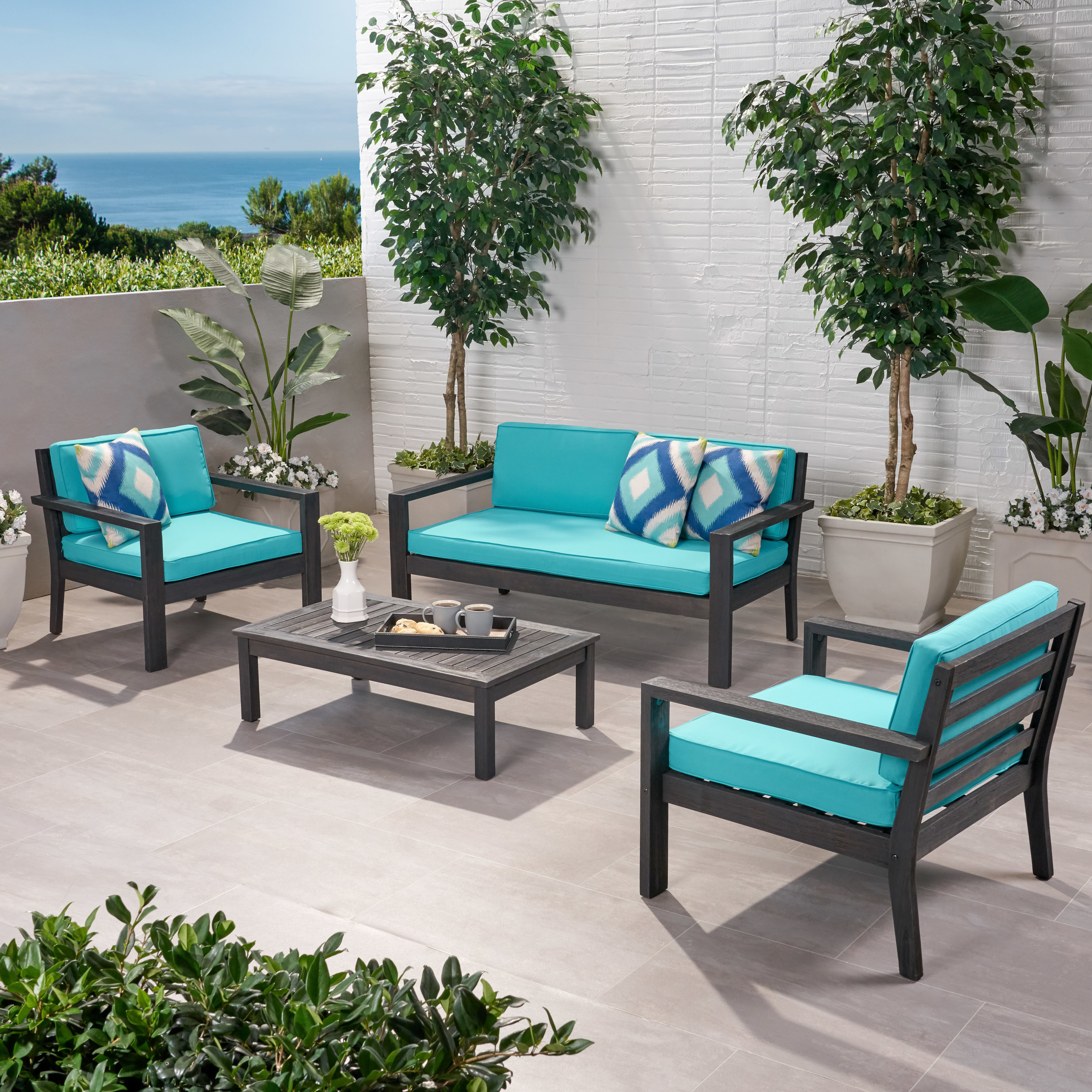 Joanne Outdoor 4 Seater Acacia Wood Chat Set With Cushions - Wire Brushed Dark Gray Finish, Light Gray