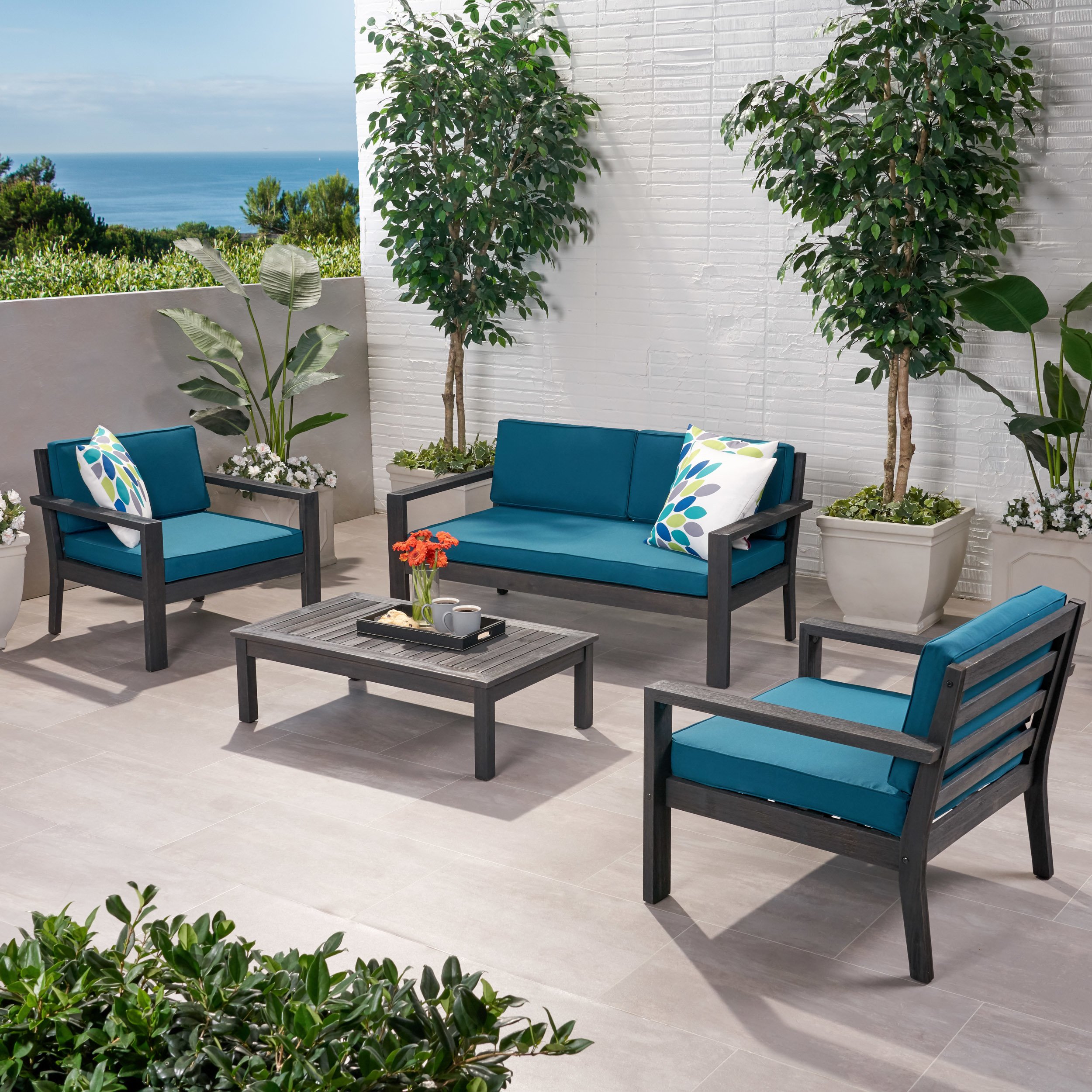 Joanne Outdoor 4 Seater Acacia Wood Chat Set With Cushions - Wire Brushed Dark Gray Finish, Dark Teal