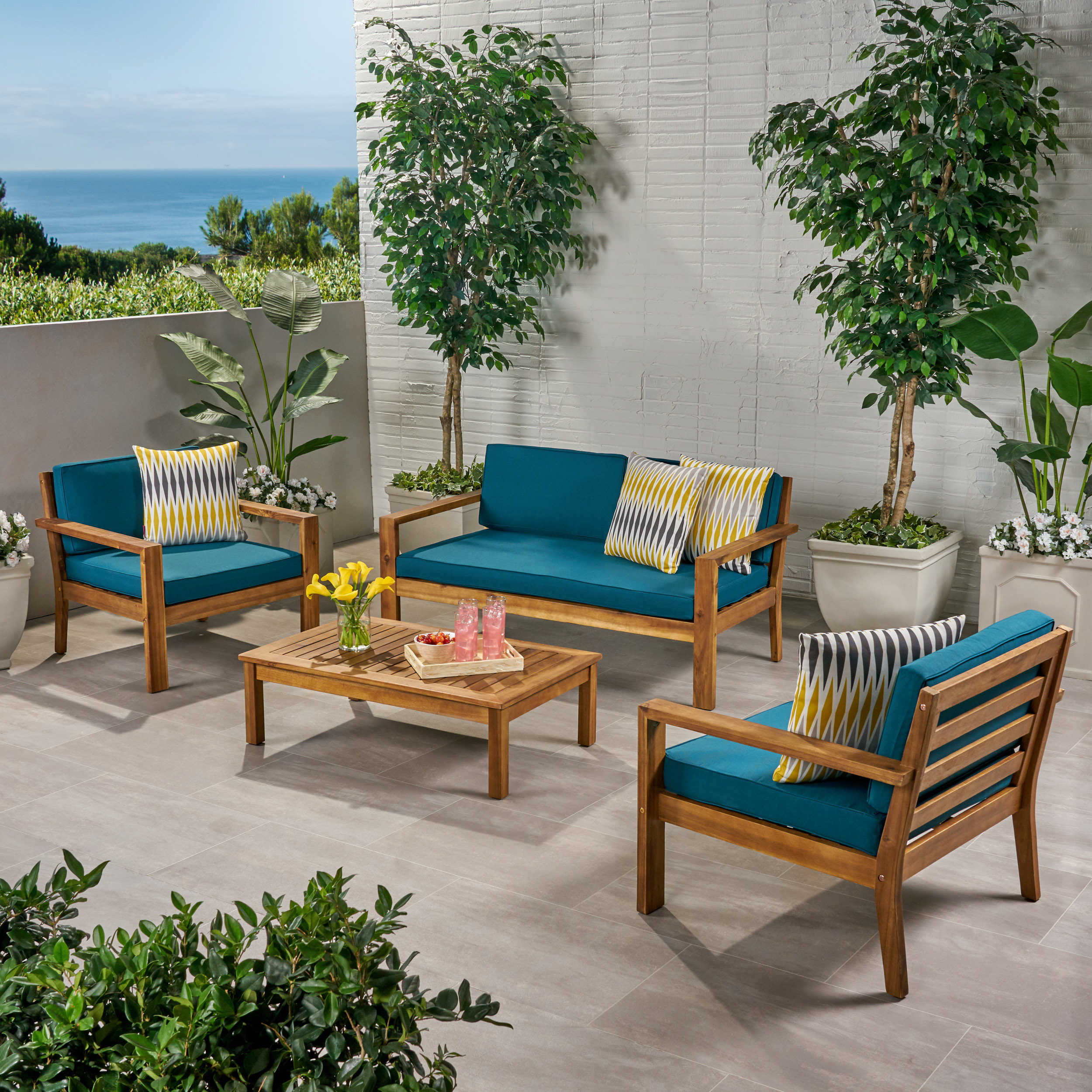 Gloria Outdoor 4 Seater Acacia Wood Chat Set With Cushions - Teak Finish, Dark Teal