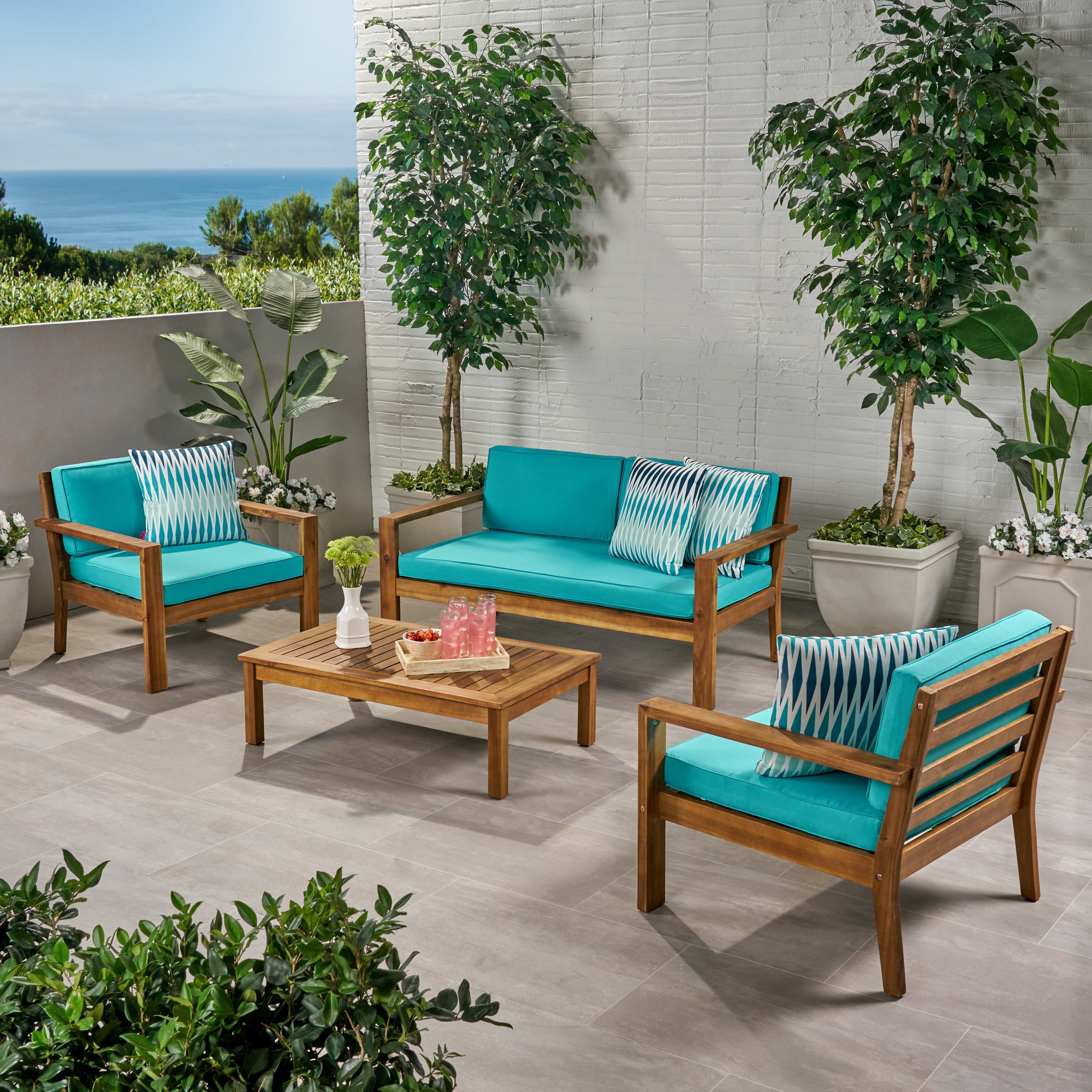 Gloria Outdoor 4 Seater Acacia Wood Chat Set With Cushions - Teak Finish, Teal