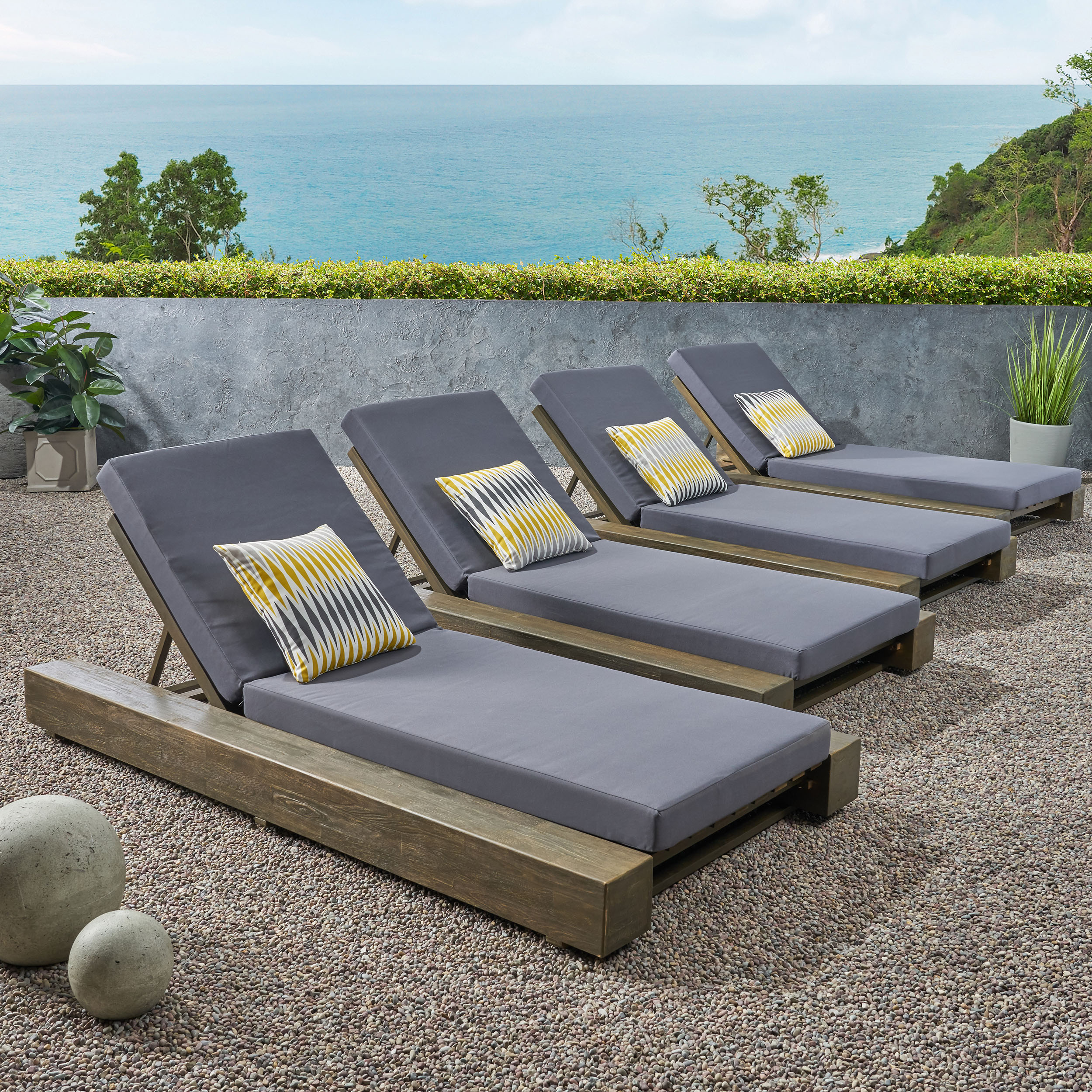 Setlla Outdoor Acacia Wood Chaise Lounge And Cushion Sets (Set Of 4) - Sandblast Gray Finish, Dark Gray