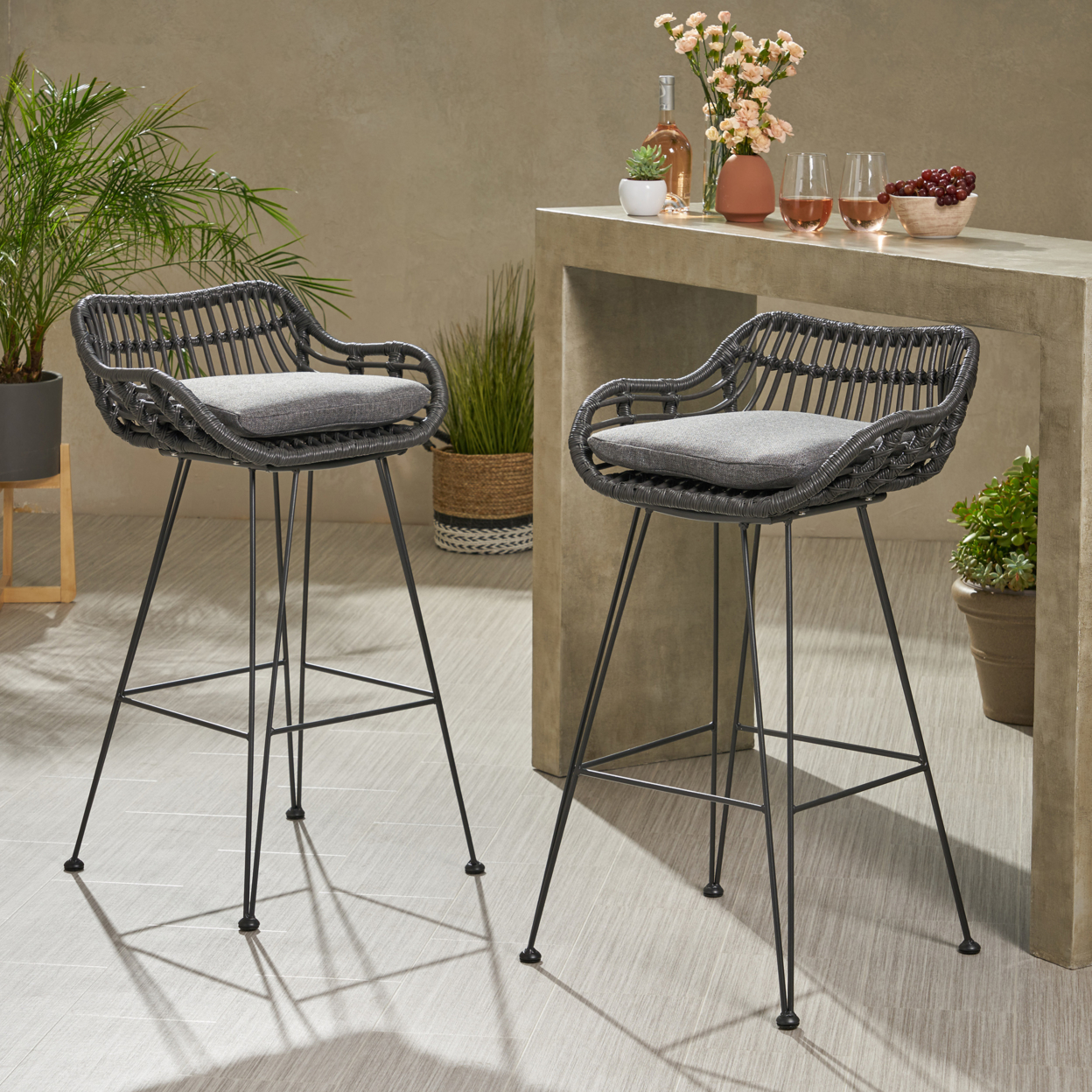 Lisa Outdoor Wicker Barstools With Cushions (Set Of 2) - Light Brown, Black, Beige