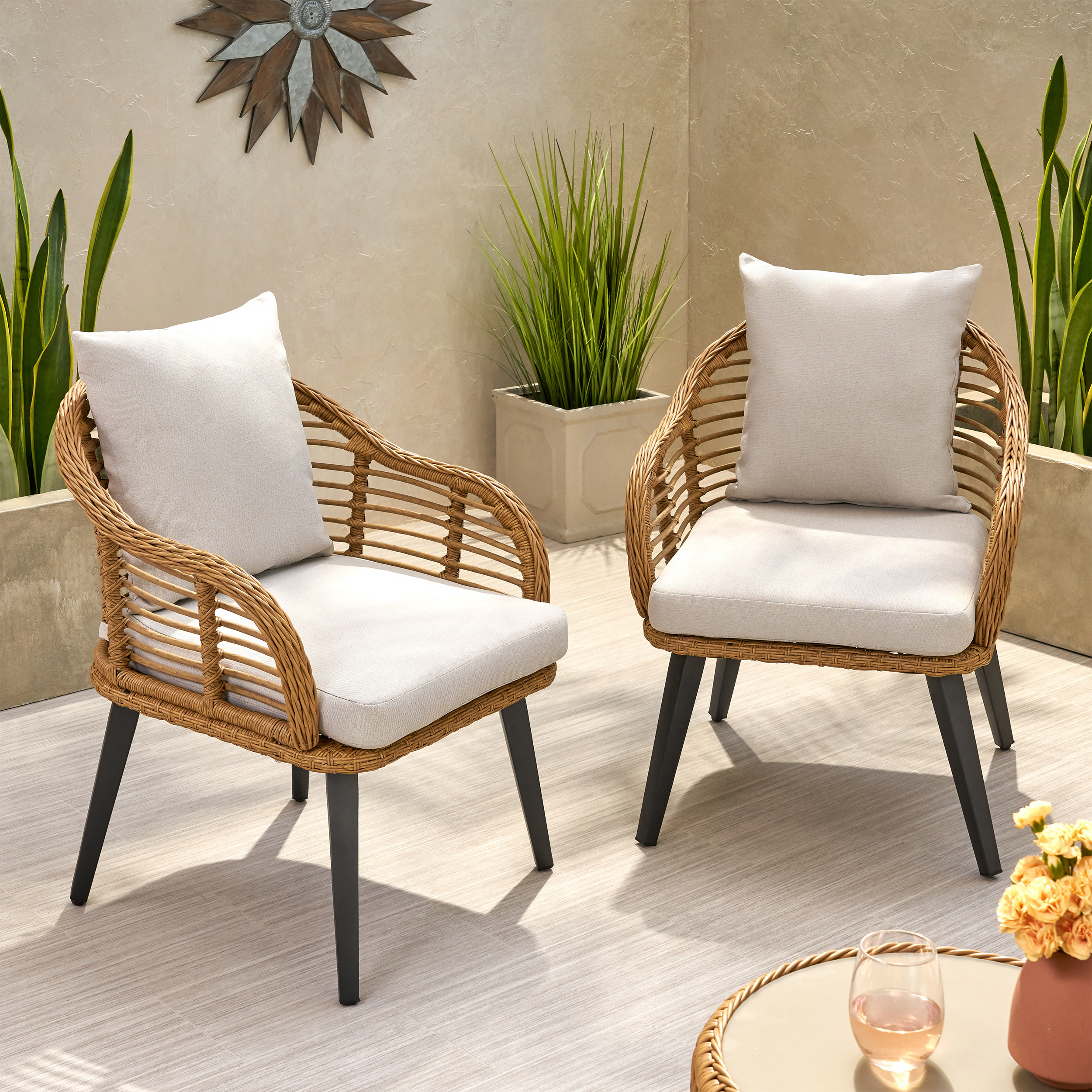 Madison Outdoor Wicker Club Chairs With Cushions (Set Of 2) - Light Brown, Black, Beige