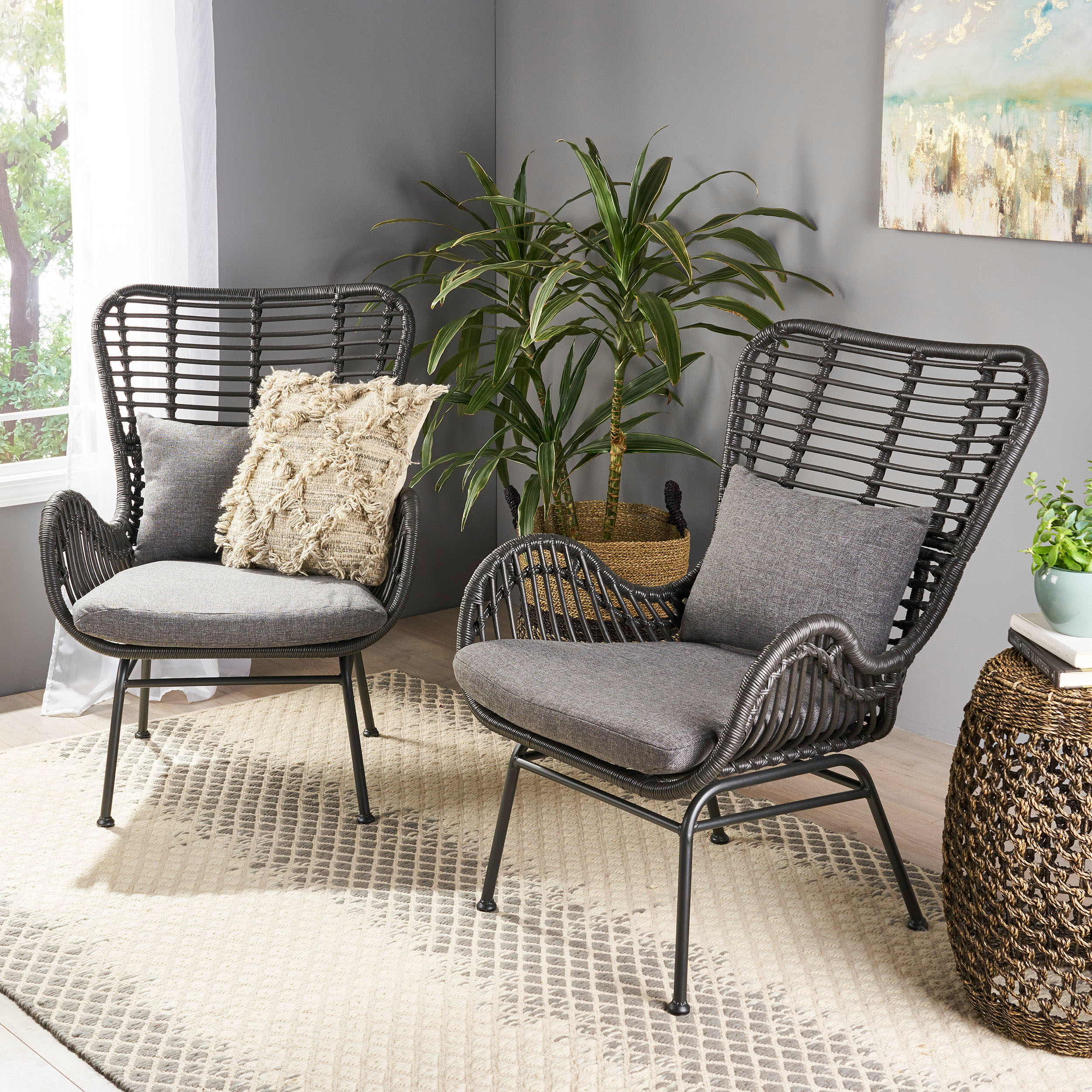 Gloria Indoor Wicker Club Chairs With Cushions (Set Of 2) - Light Brown, Black, Beige