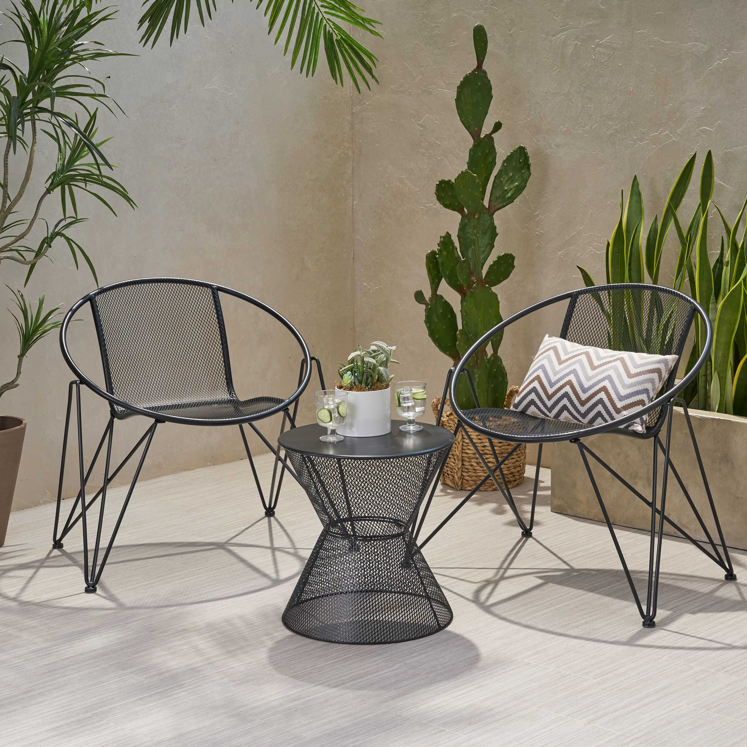 Janice Modern Outdoor Iron Chat Set With Side Table - Matte Black
