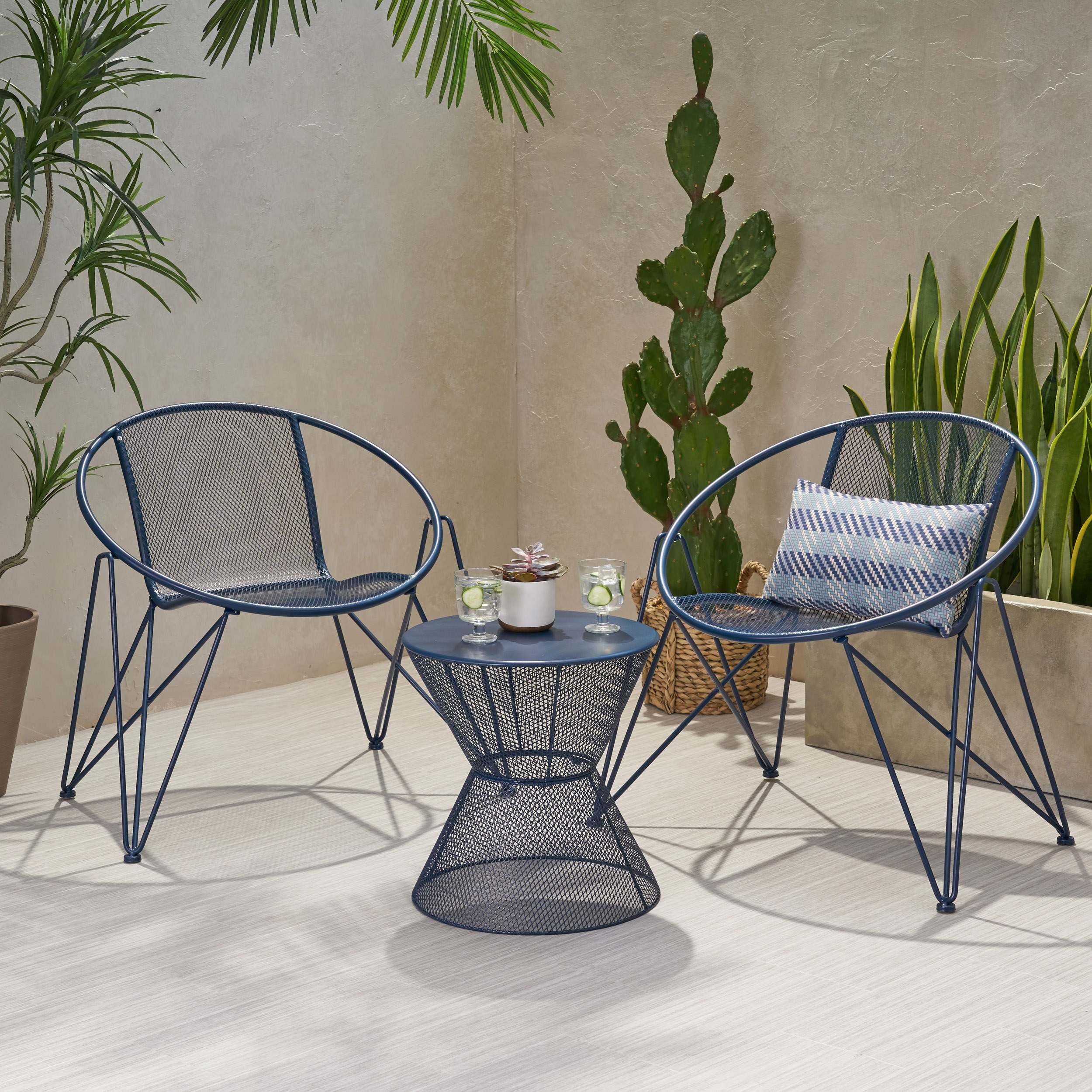 Janice Modern Outdoor Iron Chat Set With Side Table - Matte Navy Blue