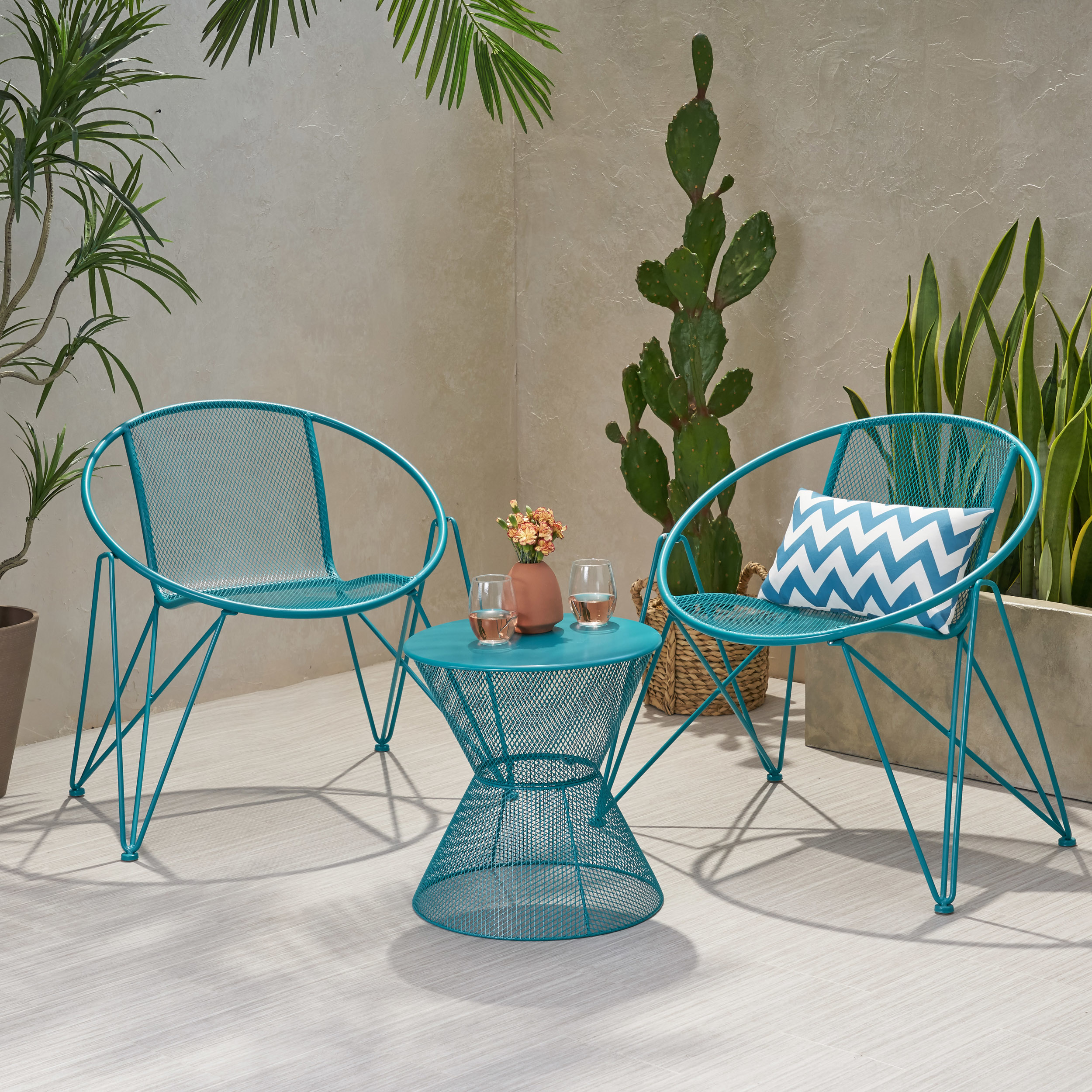 Janice Modern Outdoor Iron Chat Set With Side Table - Matte Navy Blue