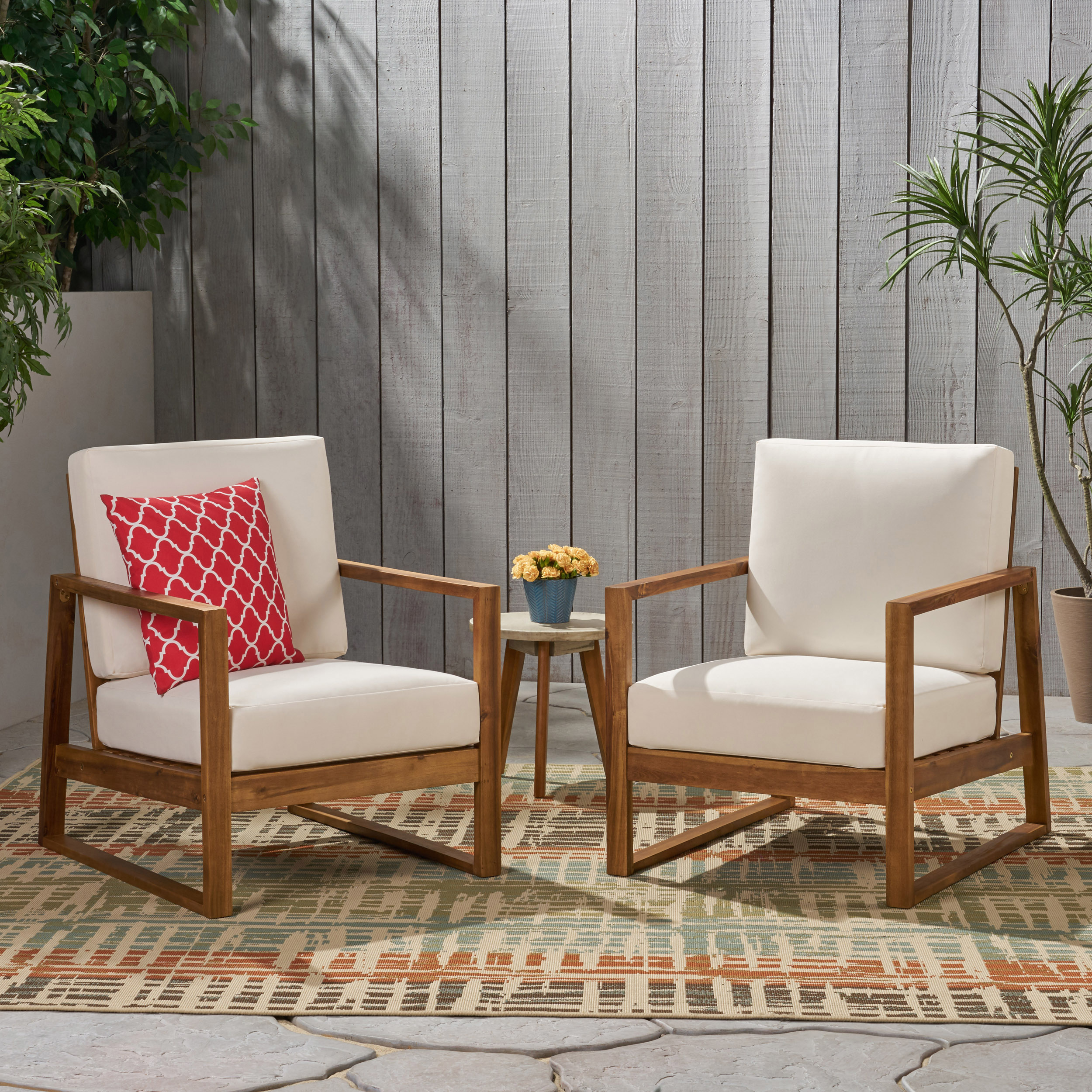 Mavis Outdoor Acacia Wood Club Chair With Cushions (Set Of 2) - Teak Finish, Beige
