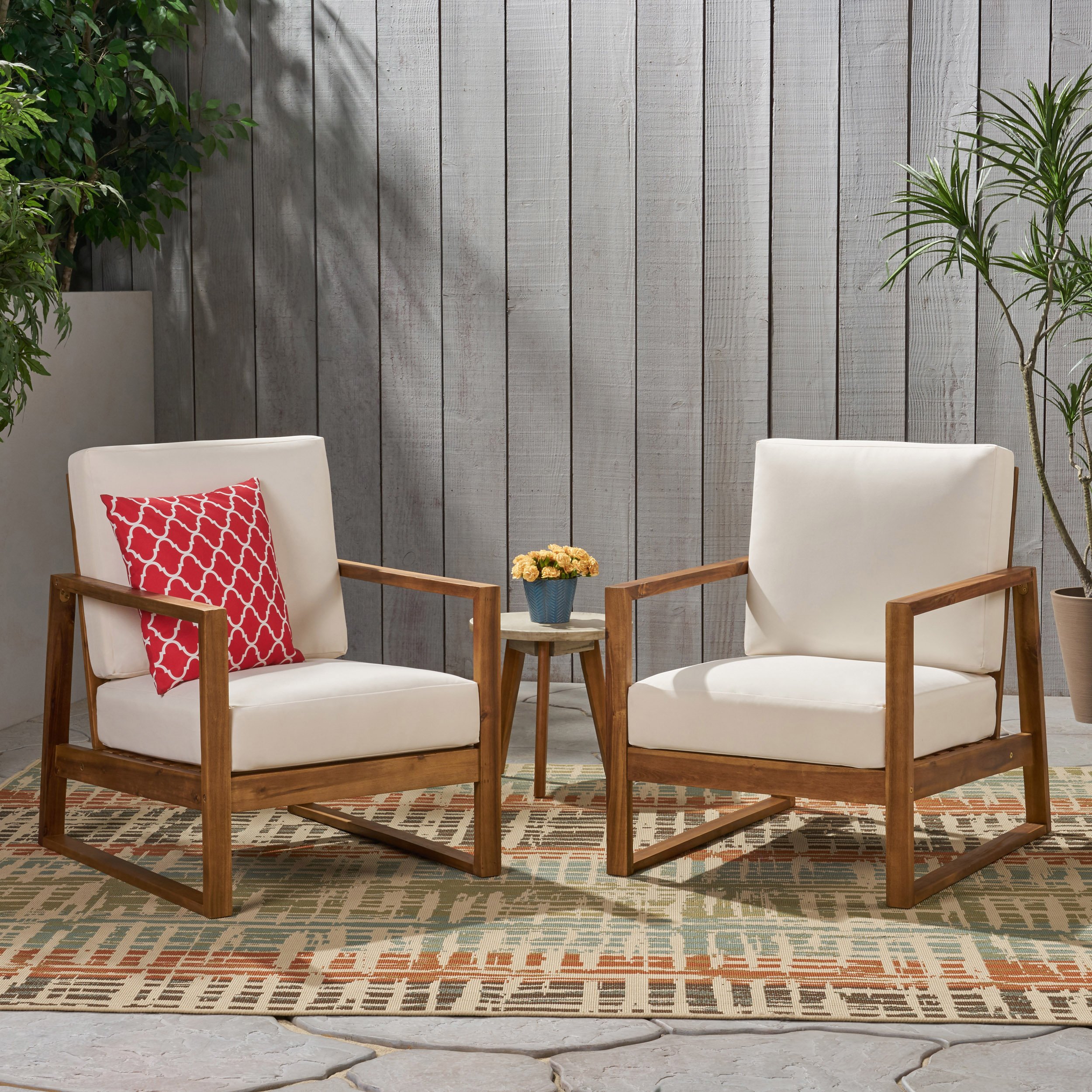 Mavis Outdoor Acacia Wood Club Chair With Cushions (Set Of 2) - Gray Finish, Light Gray