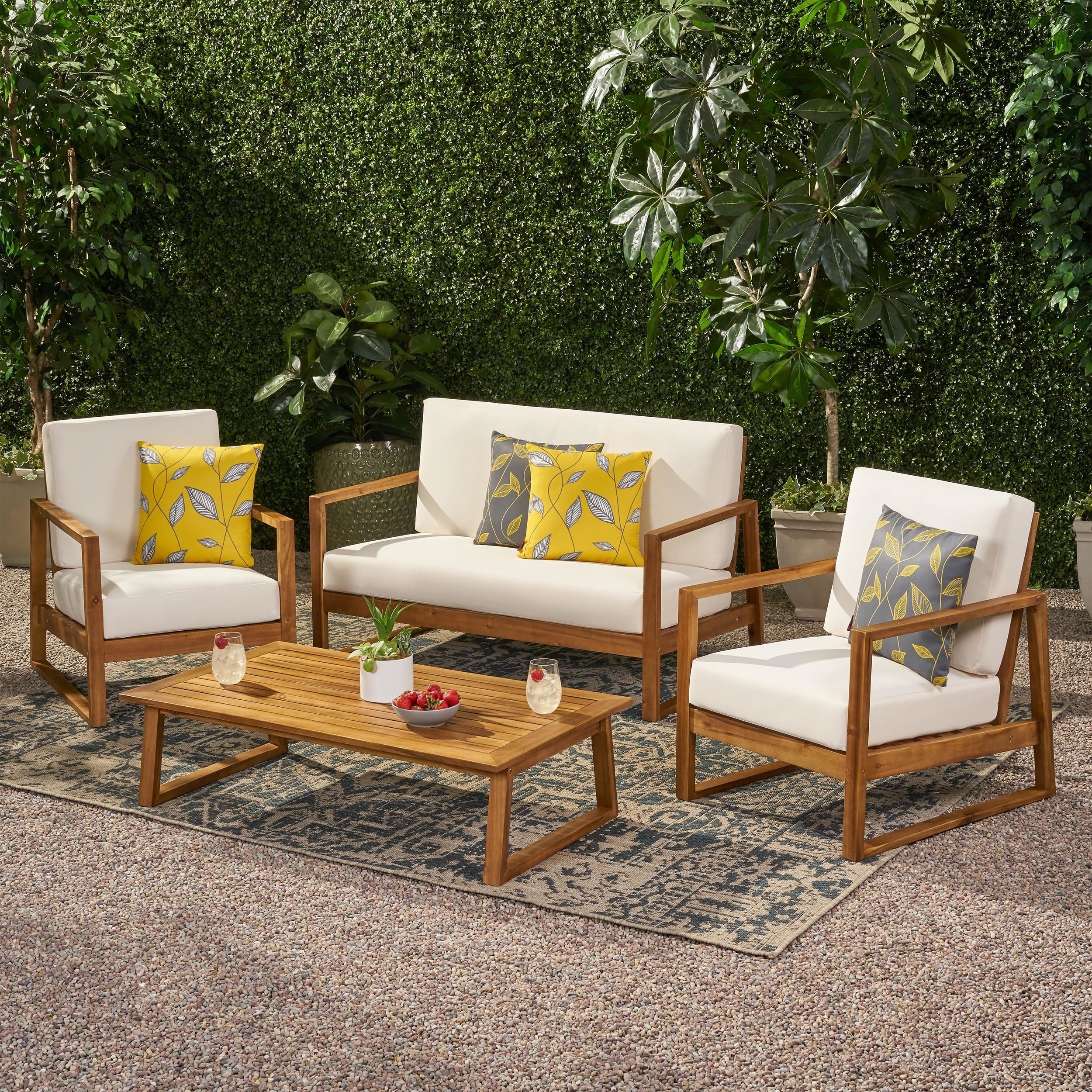 Regina Outdoor Acacia Wood 4 Seater Chat Set With Coffee Table - Teak Finish, Beige