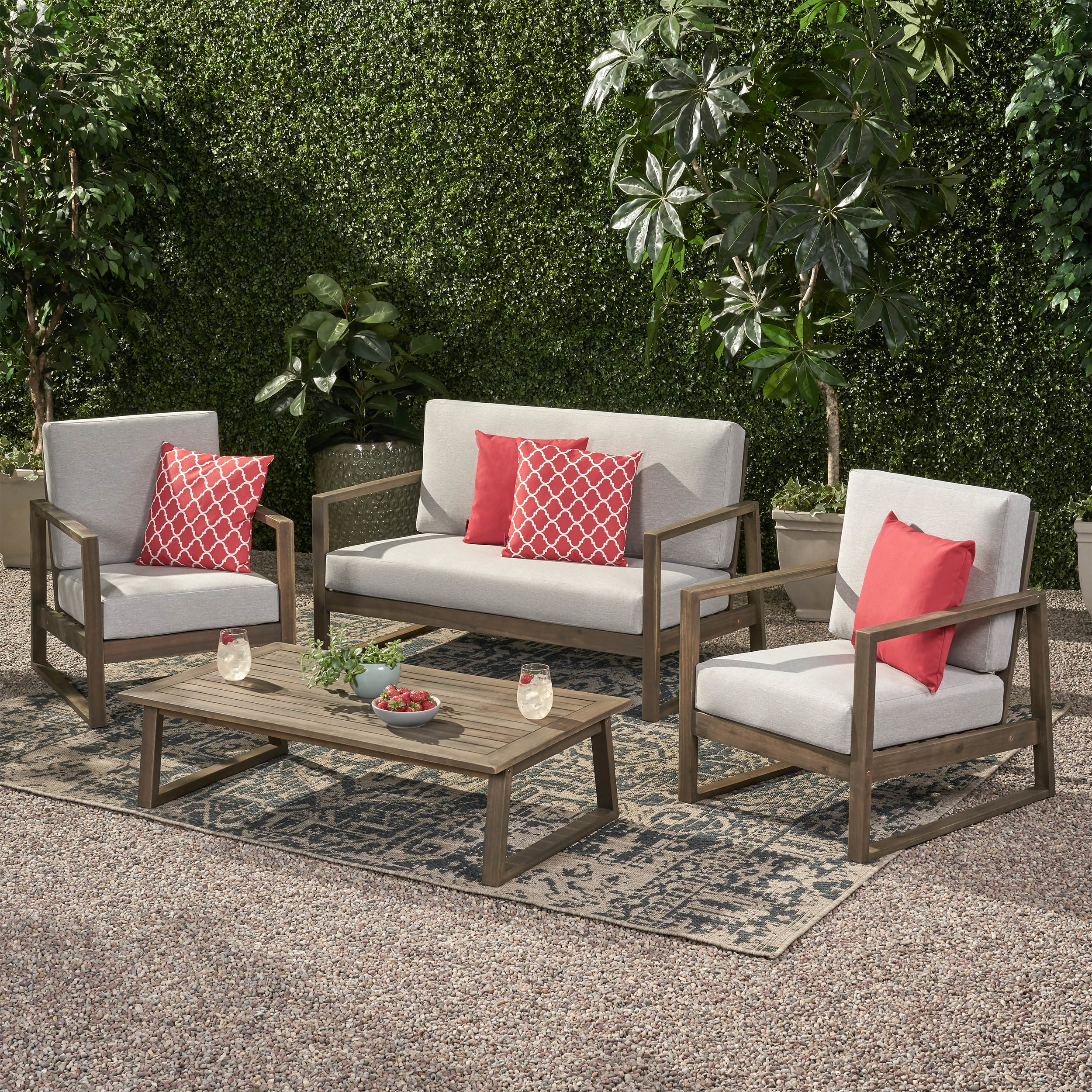 Regina Outdoor Acacia Wood 4 Seater Chat Set With Coffee Table - Gray Finish, Light Gray