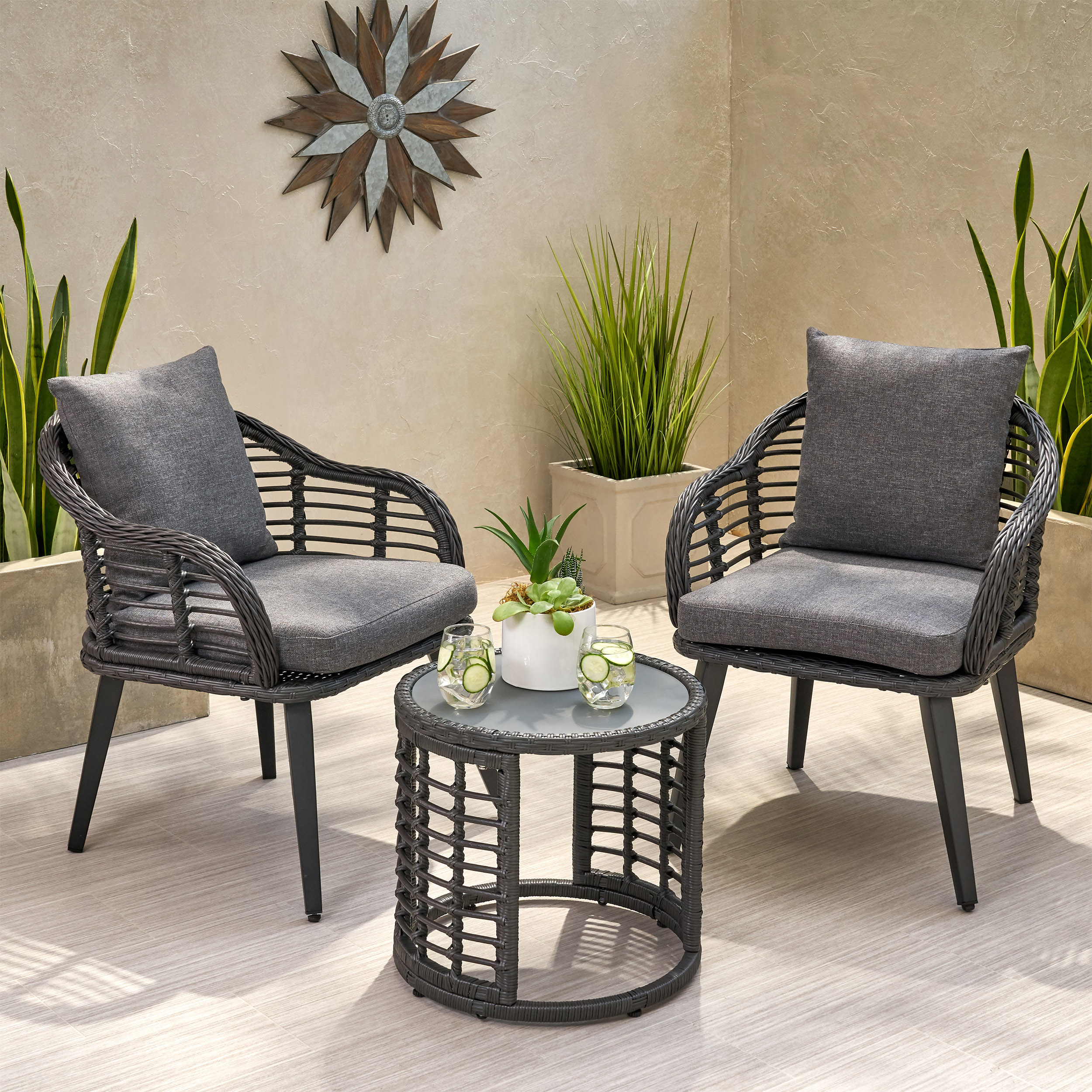 Cassie Outdoor Modern Boho 2 Seater Wicker Chat Set With Side Table - Light Brown + Black
