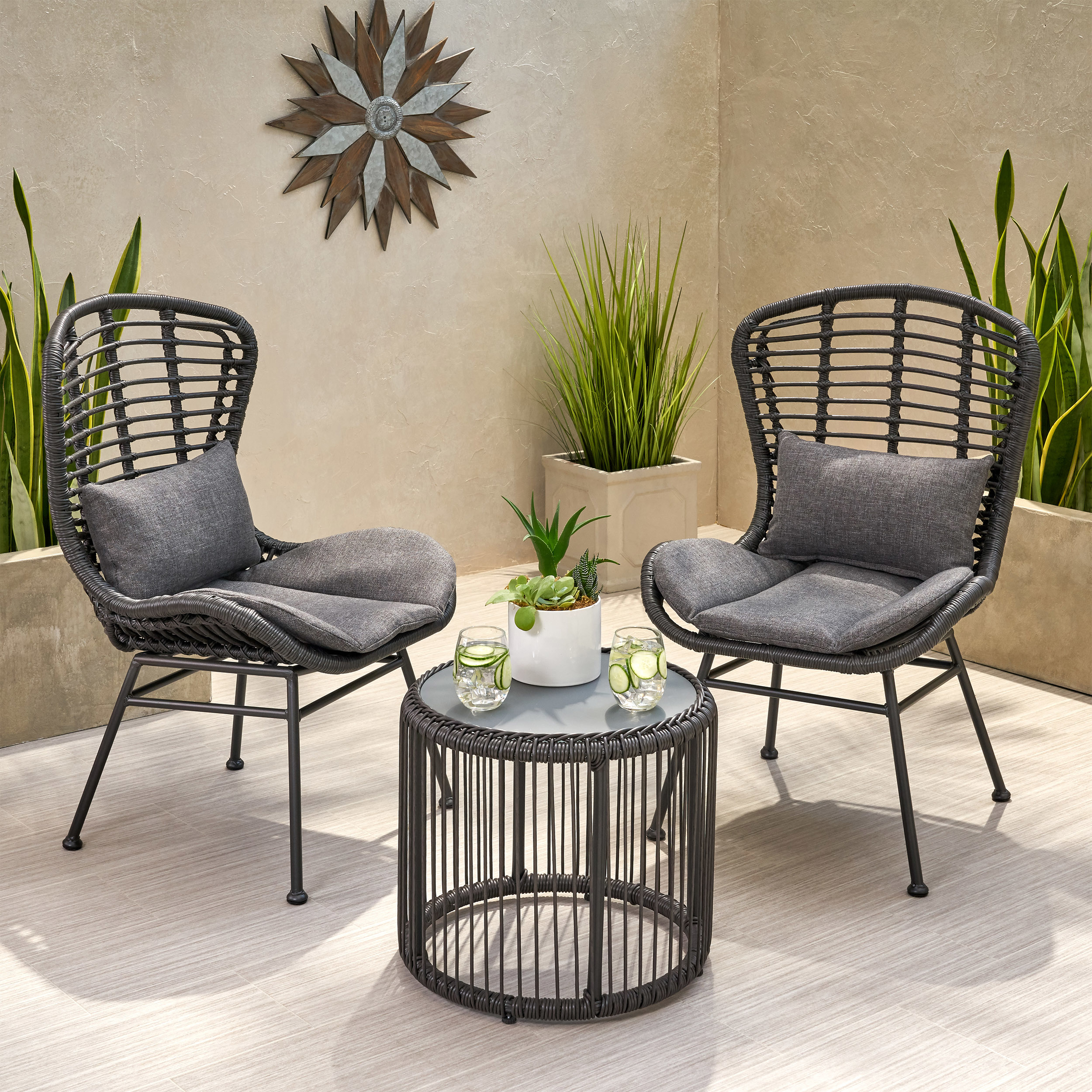Daisy Outdoor Modern Boho 2 Seater Wicker Chat Set With Side Table - Light Brown + Black + Beige