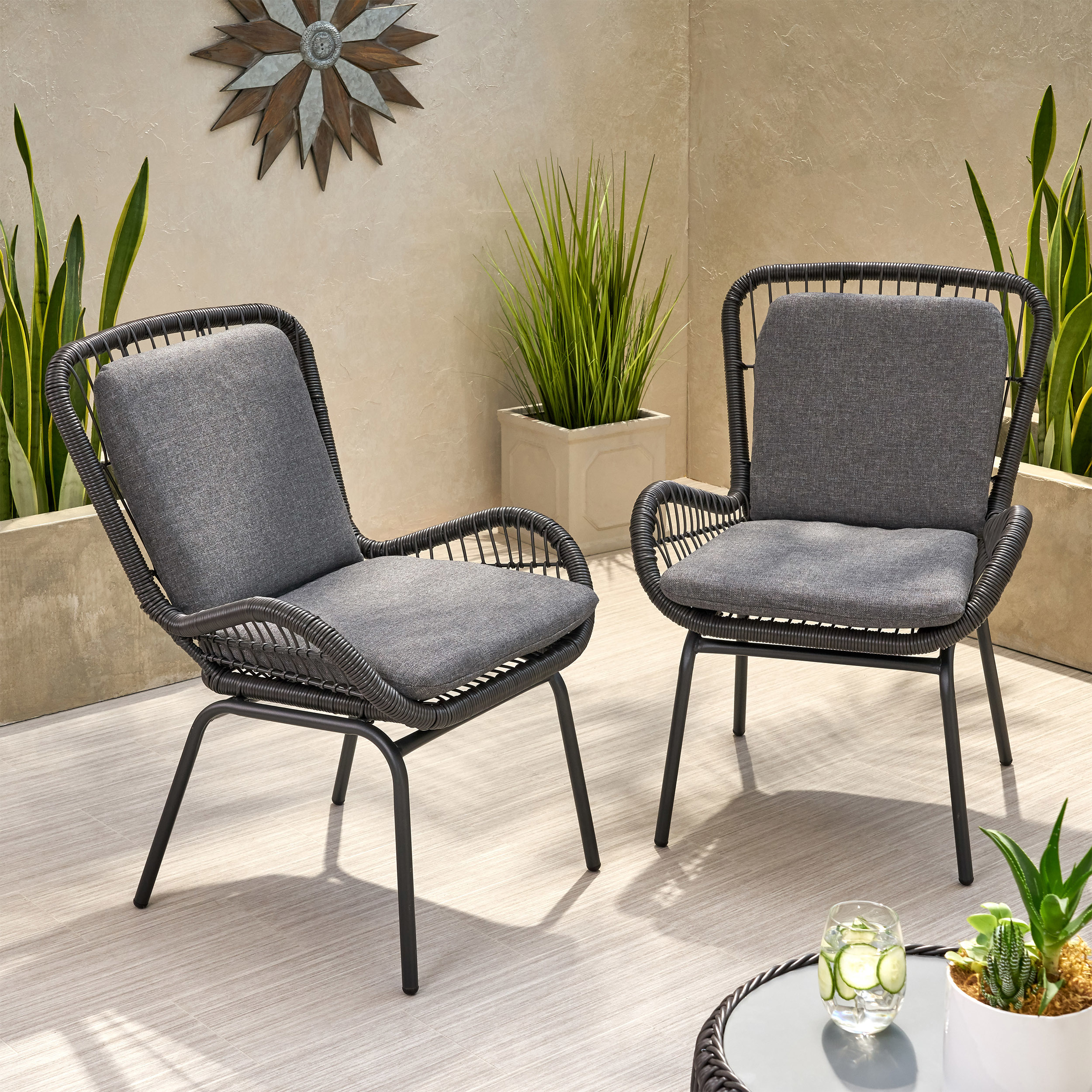 Alice Outdoor Wicker Club Chair With Cushions (Set Of 2) - Gray + Dark Gray