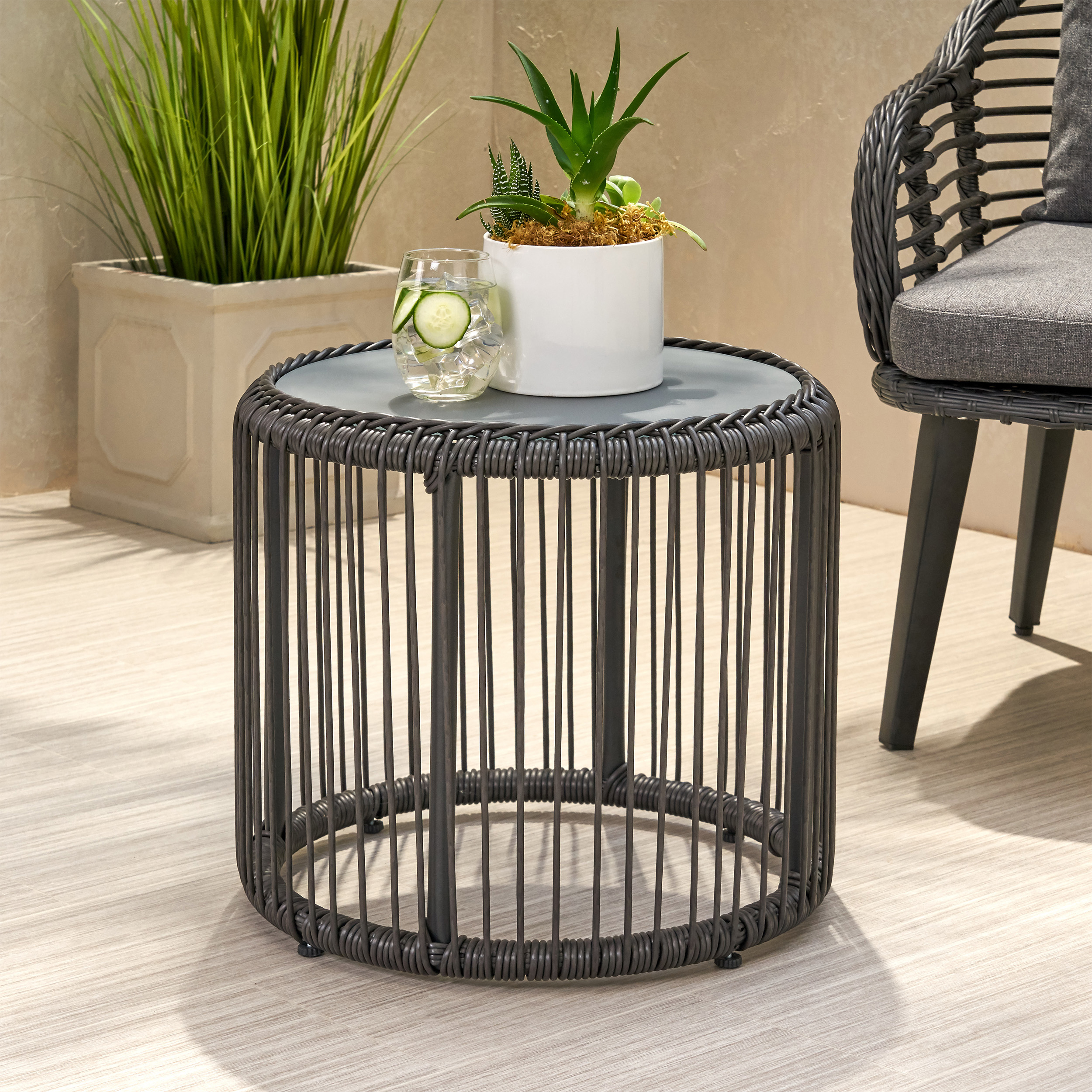 Bunny Outdoor Wicker Side Table With Tempered Glass Top - Light Brown