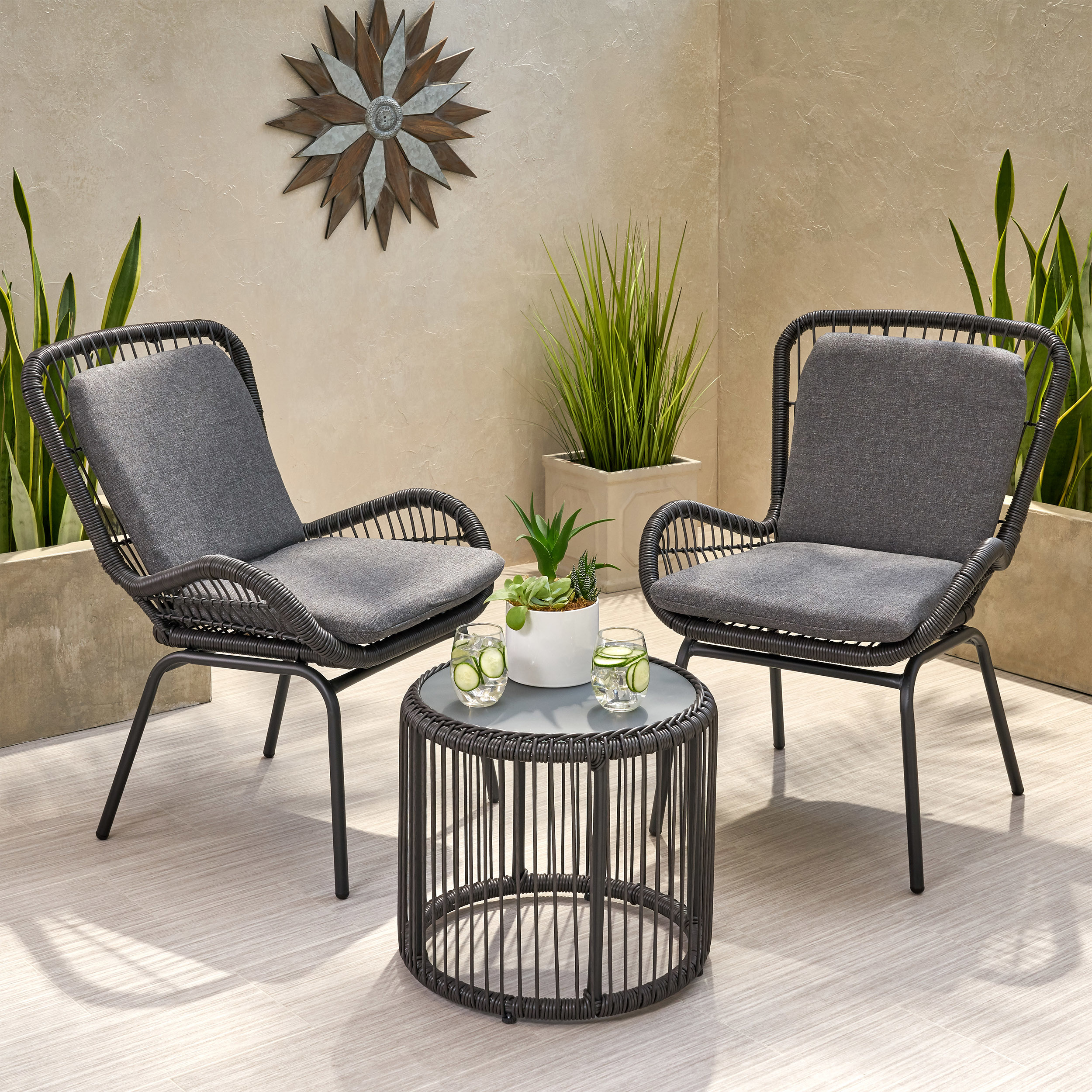 Belle Outdoor Wicker Chat Set With Cushions - Light Brown + Beige + Black