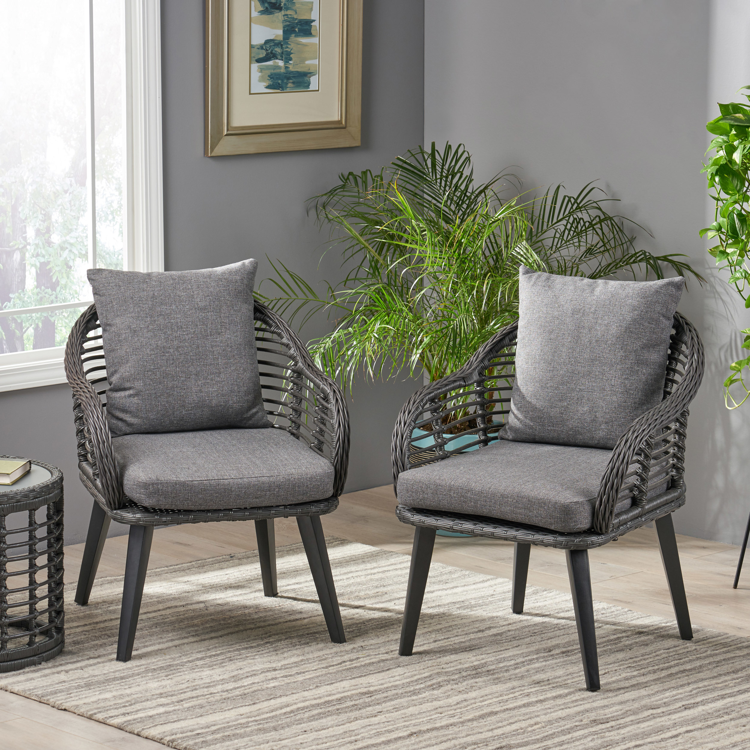 Becky Indoor Wicker Club Chairs With Cushions (Set Of 2) - Gray, Black, Dark Gray