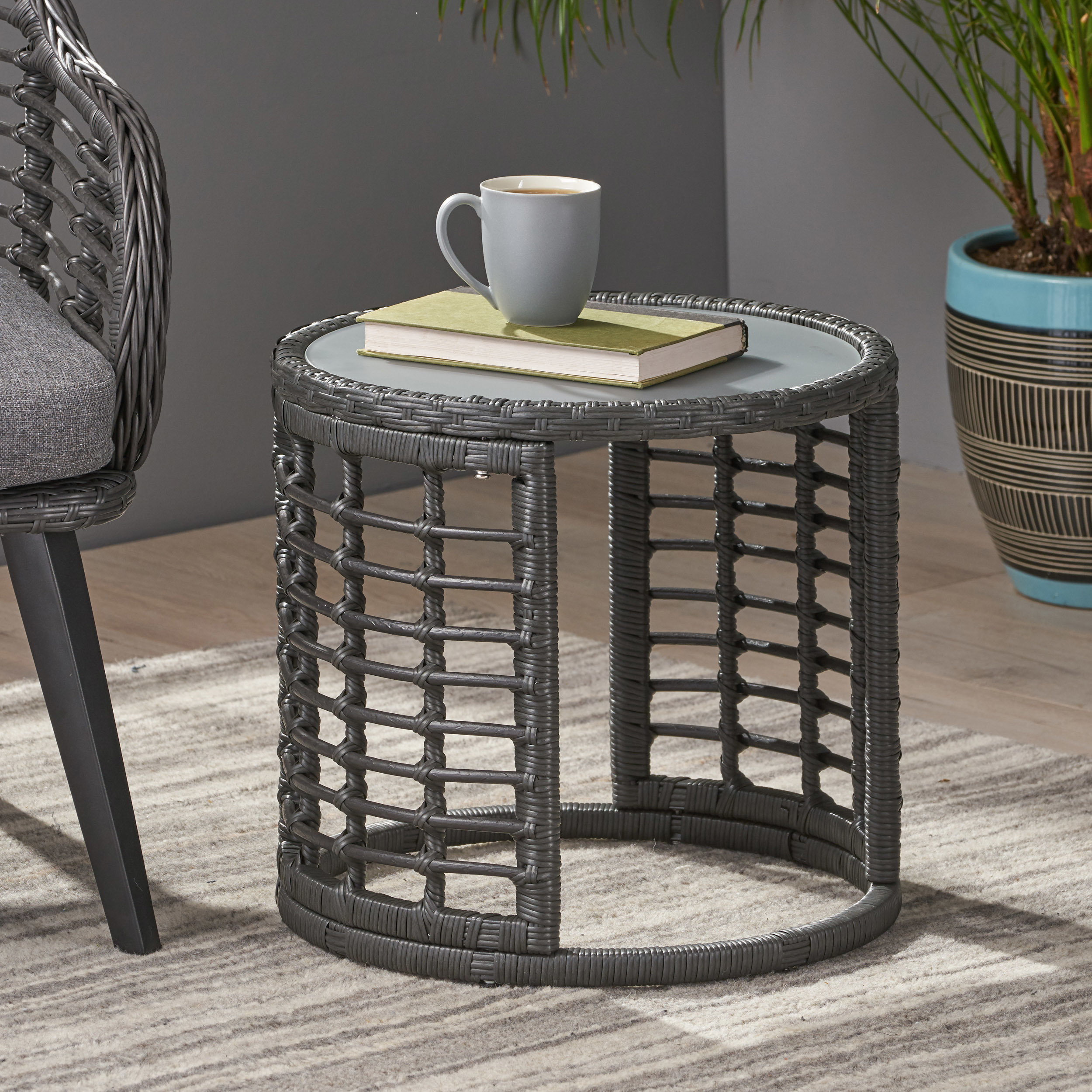 Anne Indoor Modern Boho Wicker Side Table With Tempered Glass Top - Gray