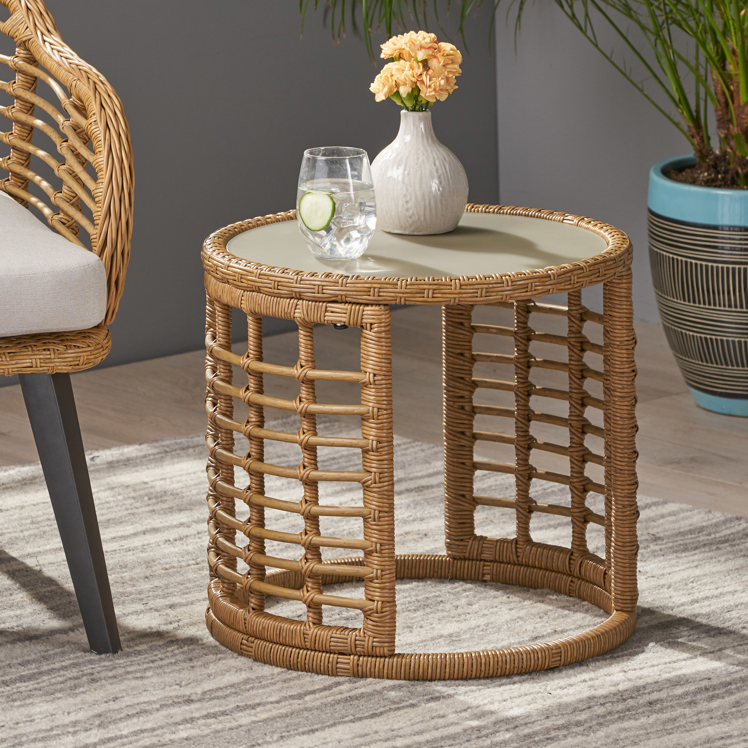 Anne Indoor Modern Boho Wicker Side Table With Tempered Glass Top - Light Brown