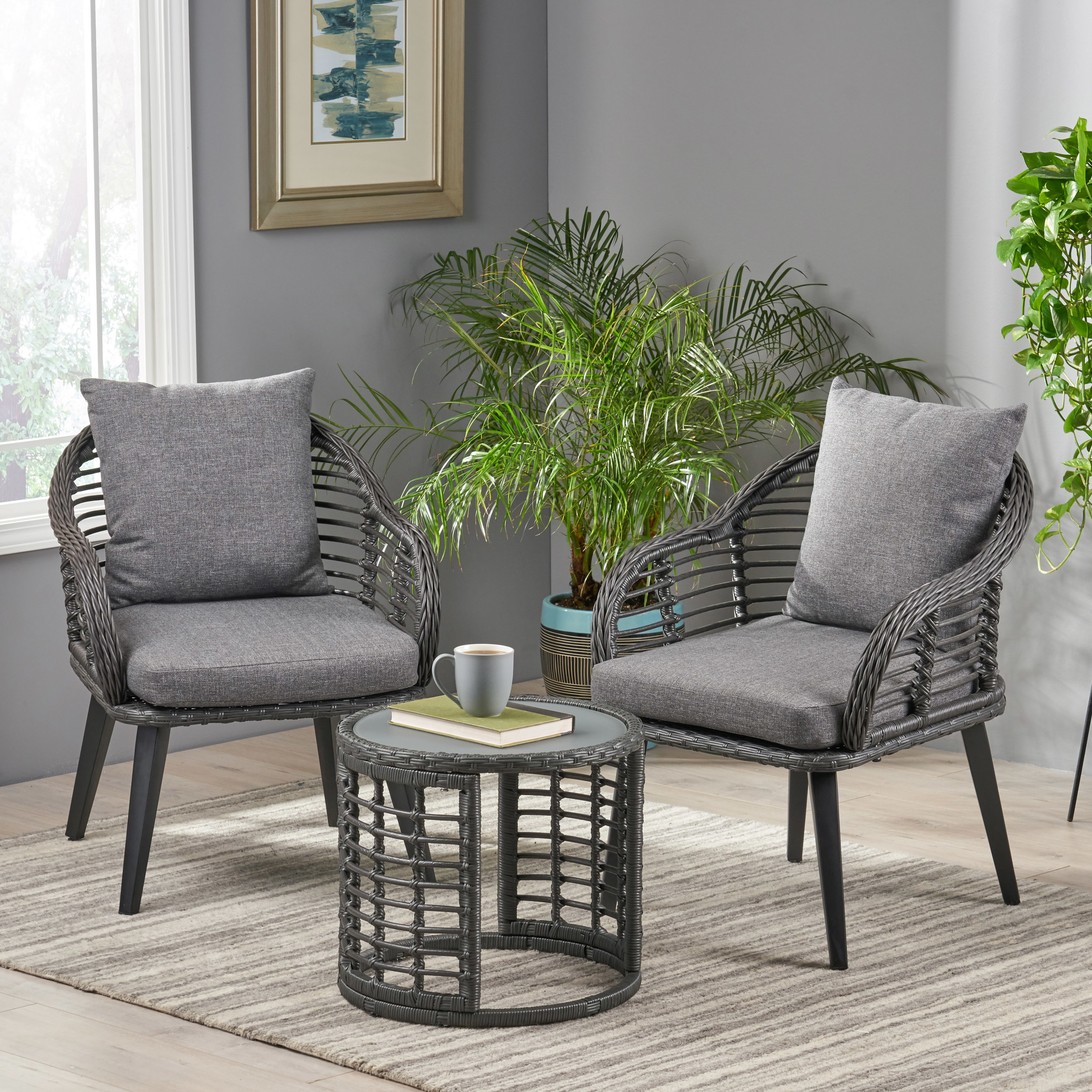 Fern Indoor Modern Boho Wicker Chat Set With Side Table - Gray + Dark Gray + Black