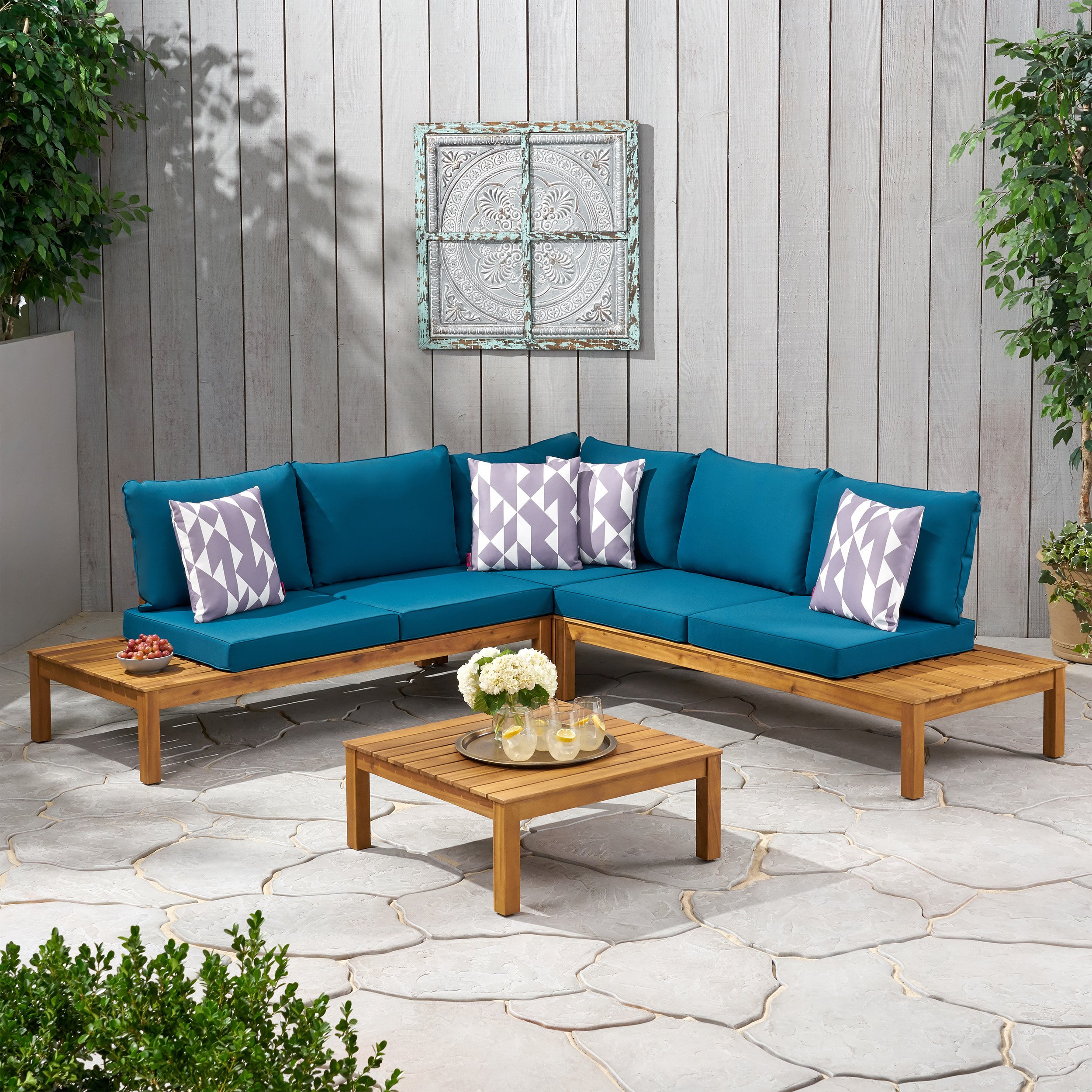 Bunny Outdoor 5 Seater V Shaped Acacia Wood Sectional Sofa Set With Cushions - Teak Finish + Dark Teal