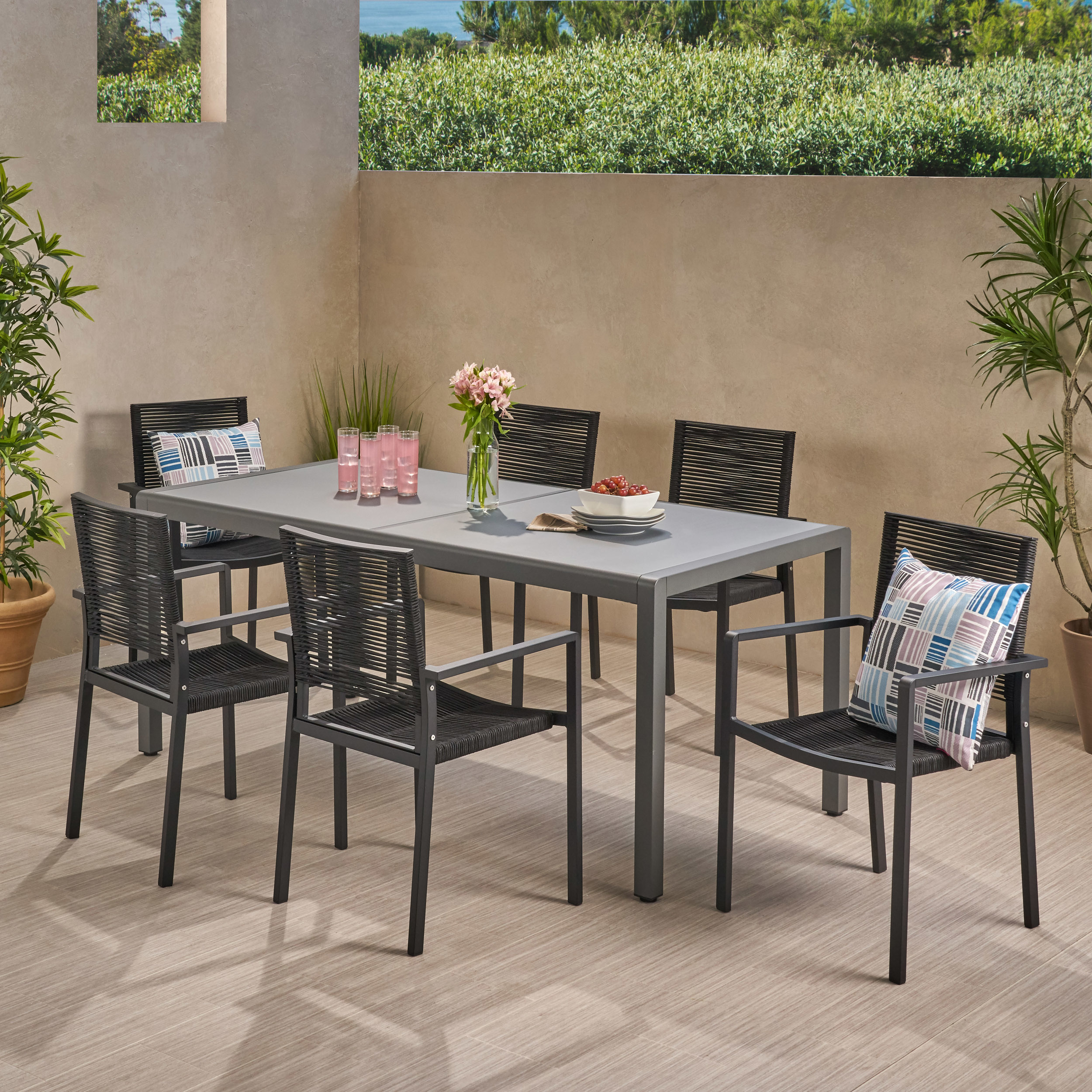 Sandy Outdoor Modern 6 Seater Aluminum Dining Set With Tempered Glass Table Top - Gun Metal Gray + Dark Gray + Black