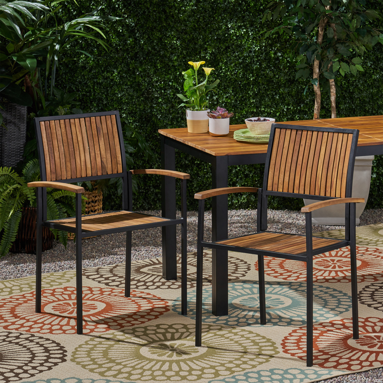 Owen Outdoor Wood And Iron Dining Chair (Set Of 2) - Teak Finish + Black Finish