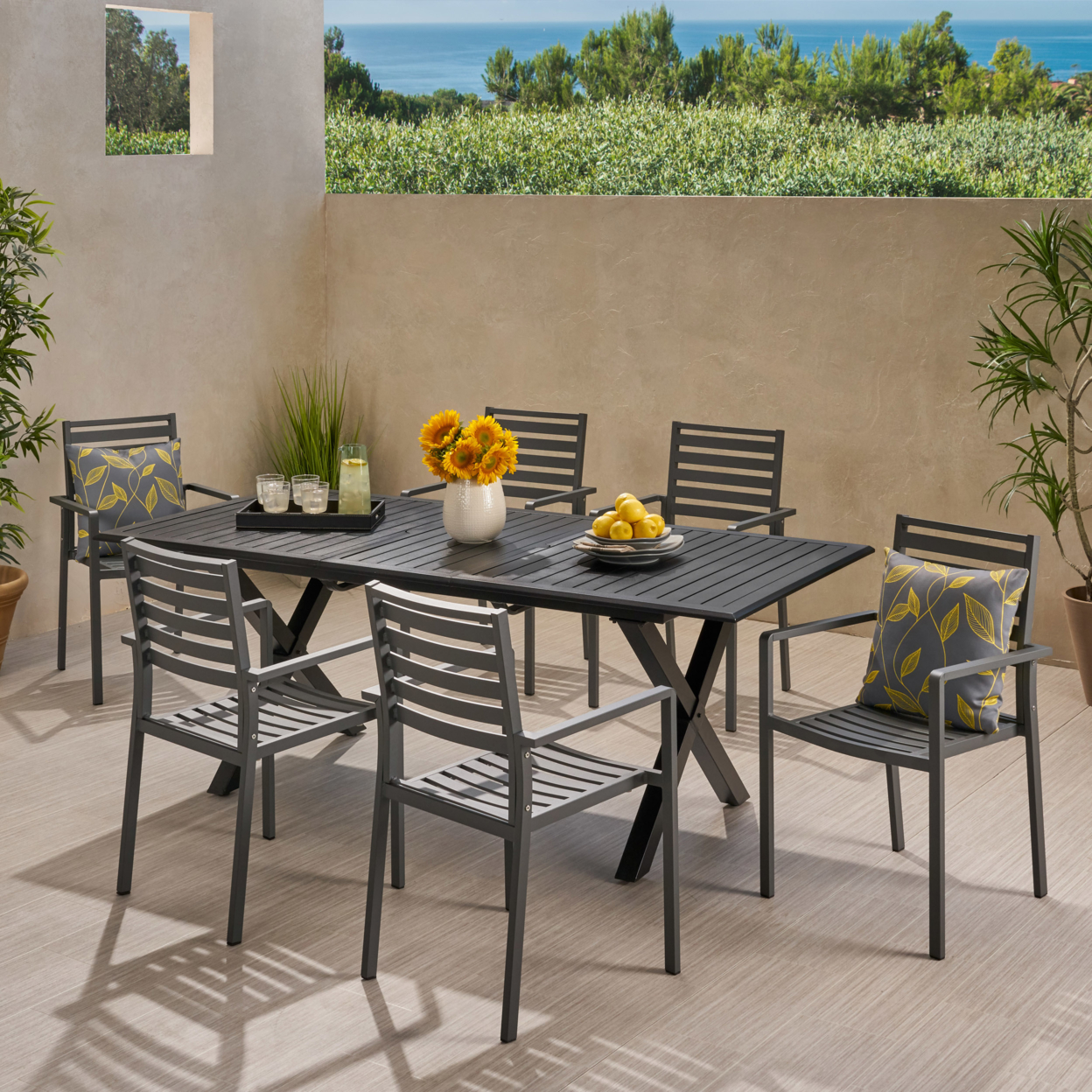 Carrie Outdoor Modern 6 Seater Aluminum Dining Set With Expandable Table