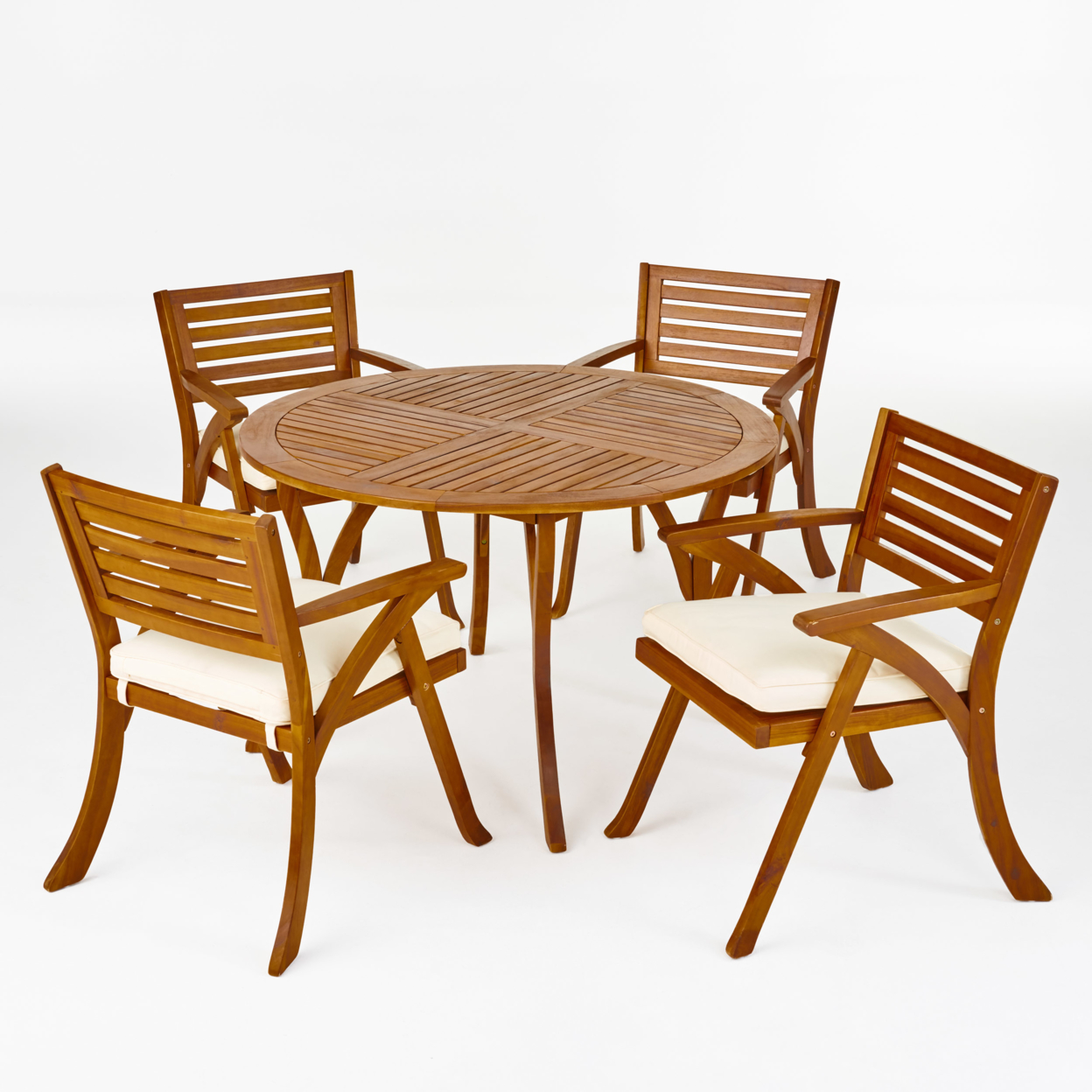 Salome Outdoor 4 Seater Acacia Wood Circular Dining Set With Cushions - Teak Finish + Cream