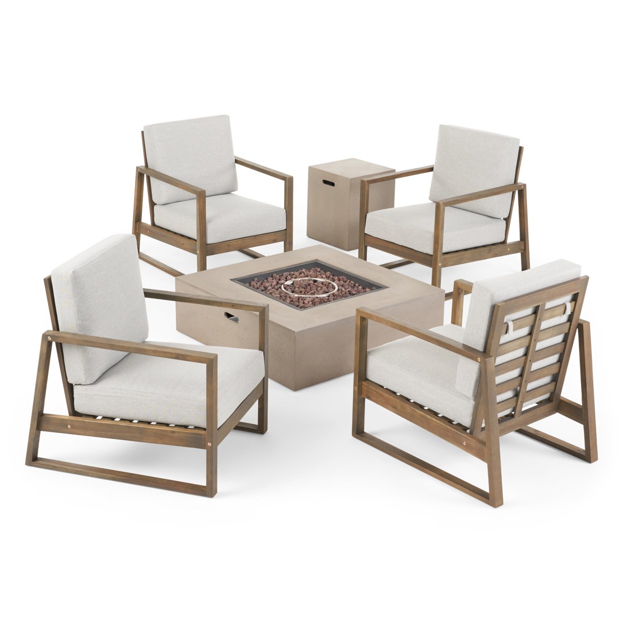 Leila Outdoor 4 Seater Chat Set With Fire Pit - Teak Finish + Beige + Light Gray