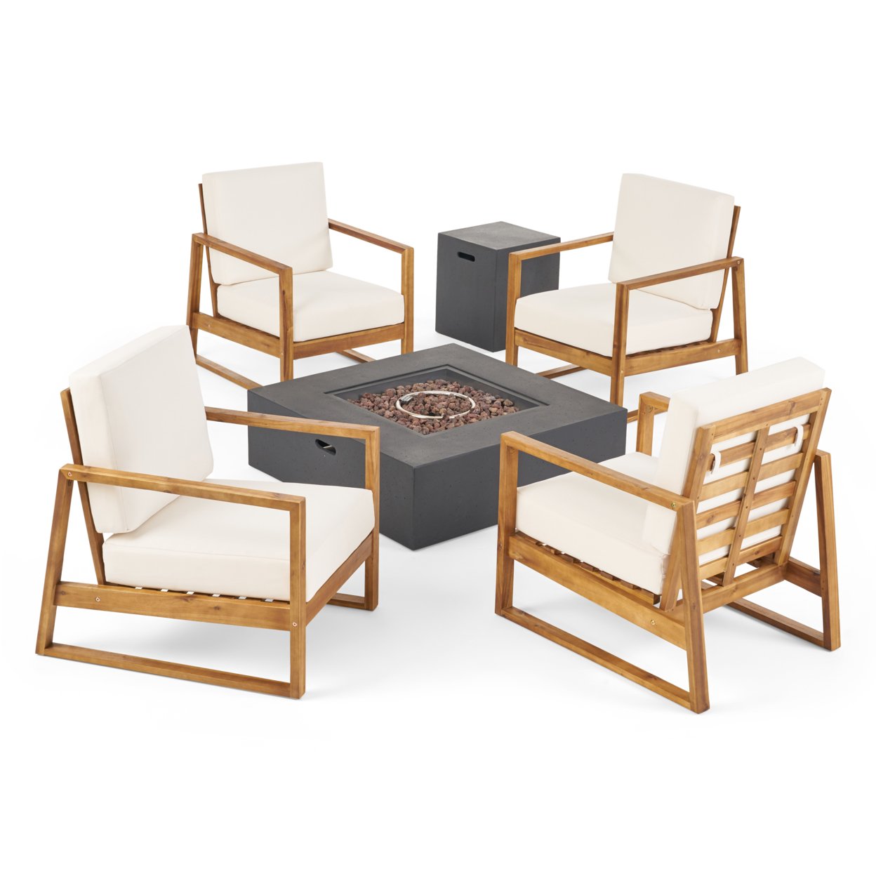 Leila Outdoor 4 Seater Chat Set With Fire Pit - Teak Finish + Beige + Dark Gray