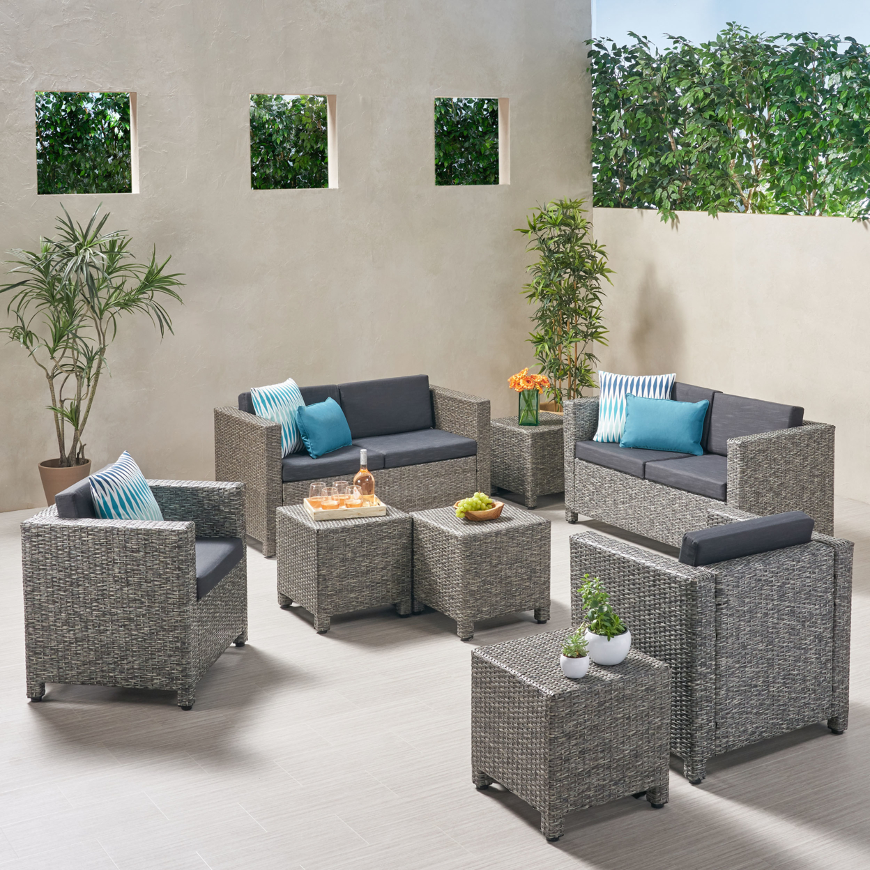Gill Outdoor 6 Seater Wicker Chat Set With Side Tables - Mix Black + Dark Gray