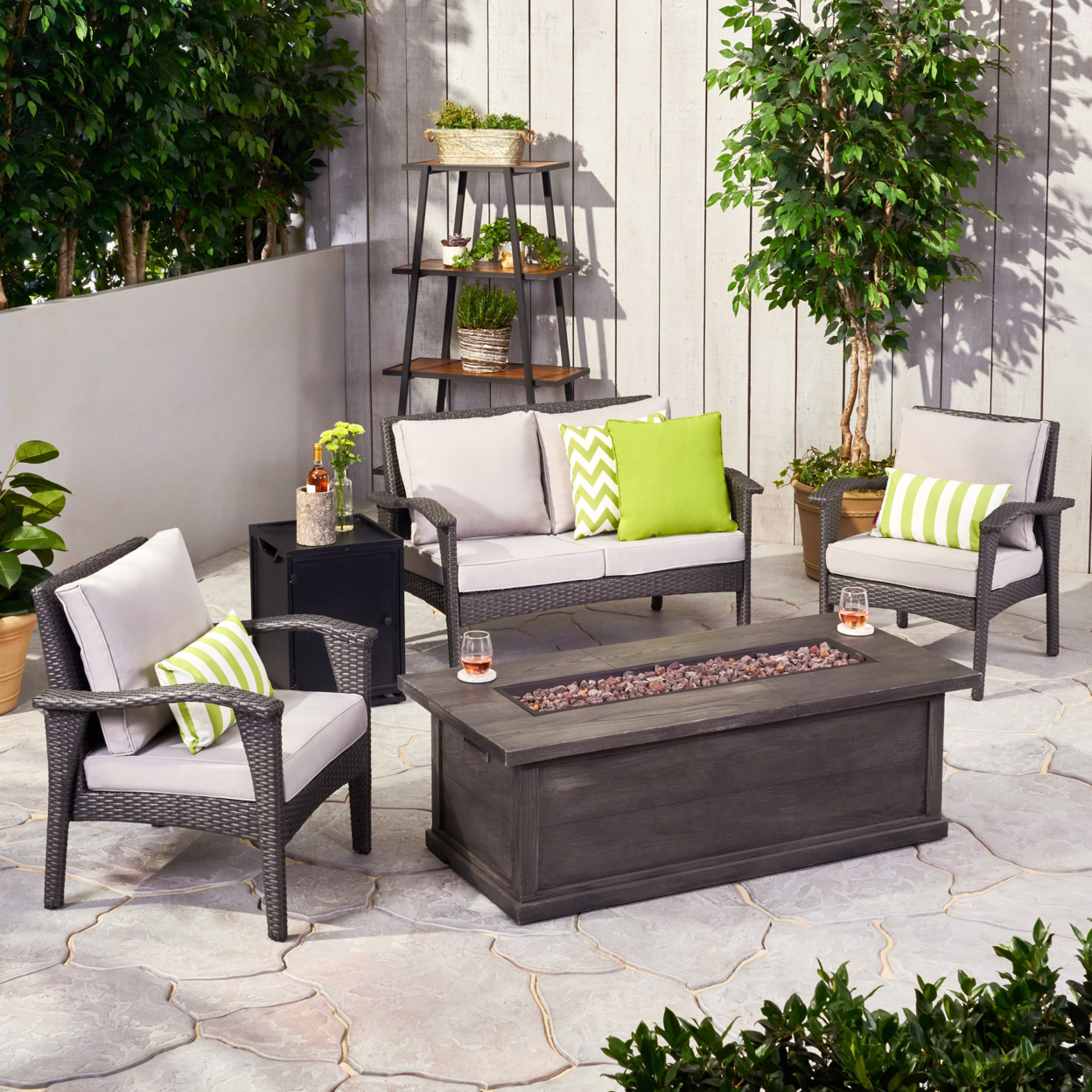 Eleanore Outdoor 4 Seater Wicker Chat Set With Fire Pit - Gray + Light Gray + Black