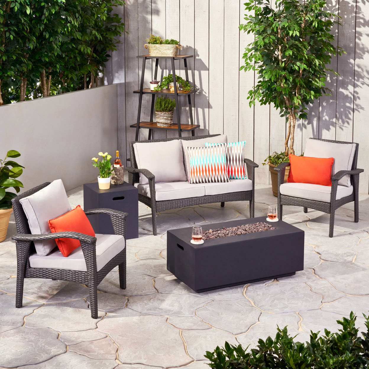 Deborah Outdoor 4 Seater Wicker Chat Set With Fire Pit - Gray + Light Gray + Dark Gray