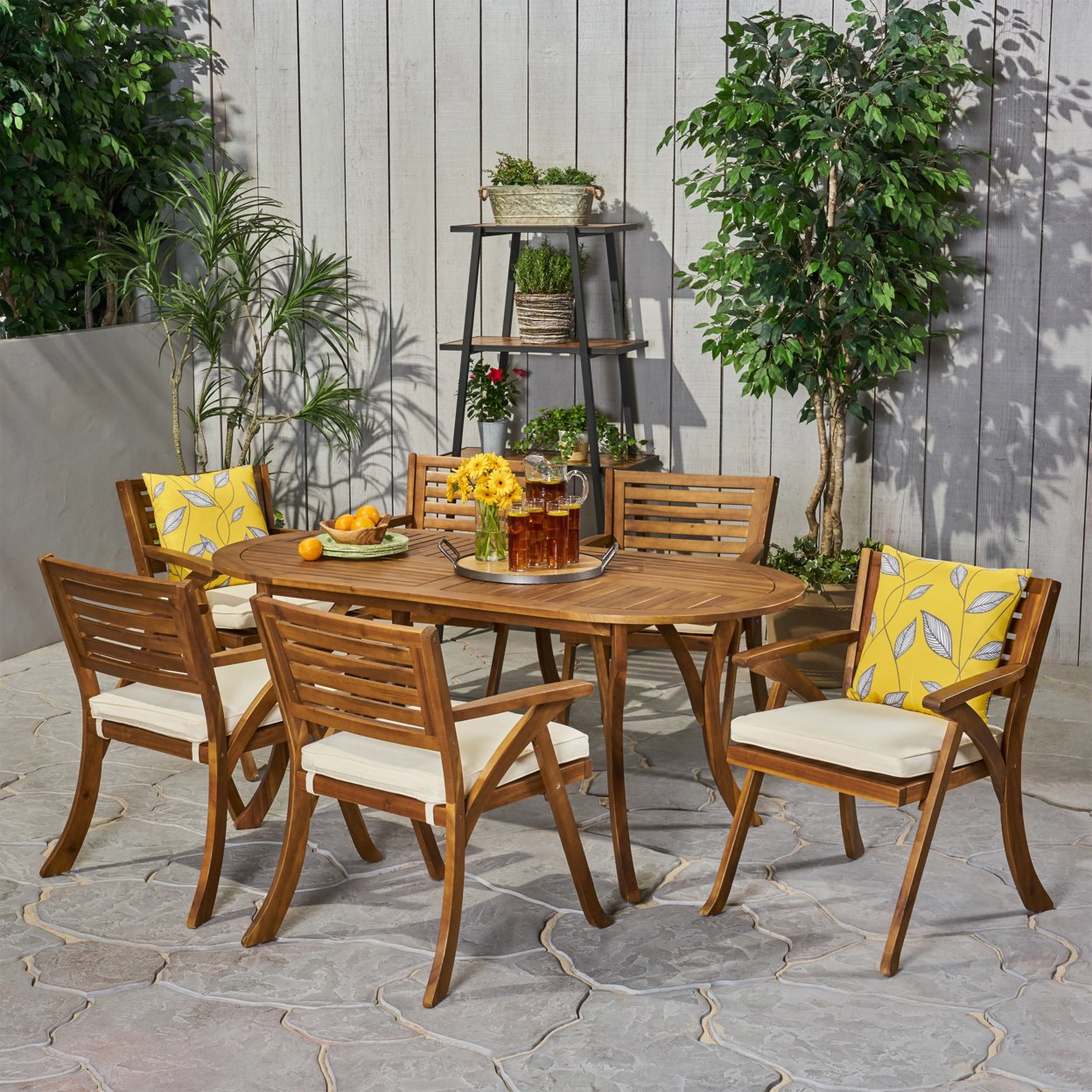 Stephanie Outdoor 6 Seater Acacia Wood Oval Dining Set With Cushions - Teak Finish + Cream