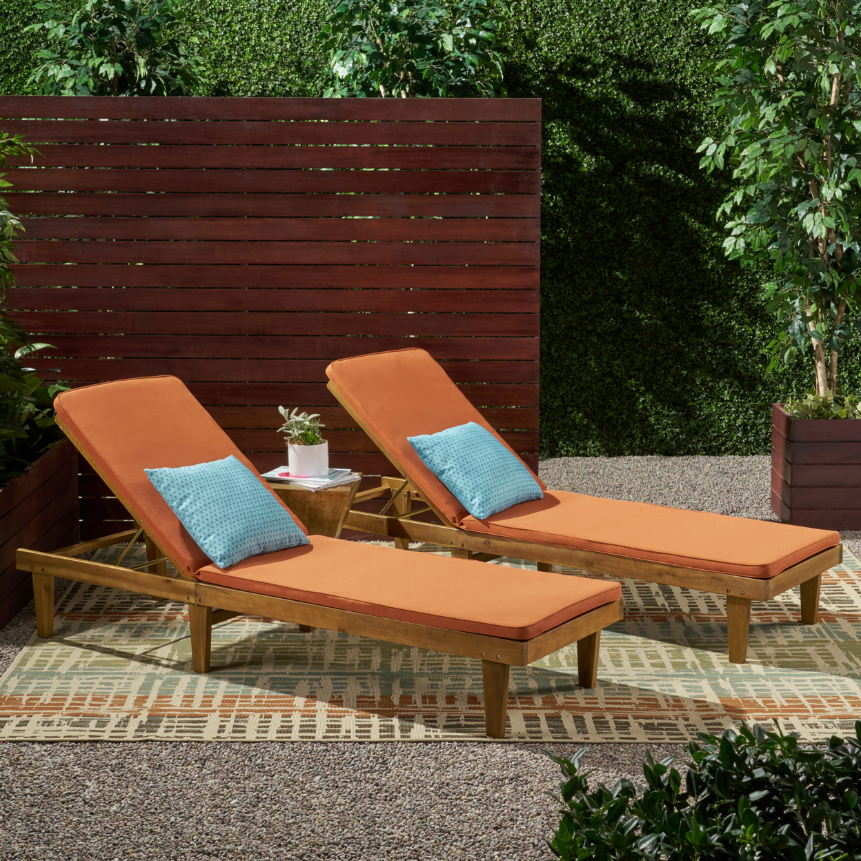 Madge Oudoor Modern Acacia Wood Chaise Lounge With Cushion (Set Of 2) - Teak Finish + Rust Orange