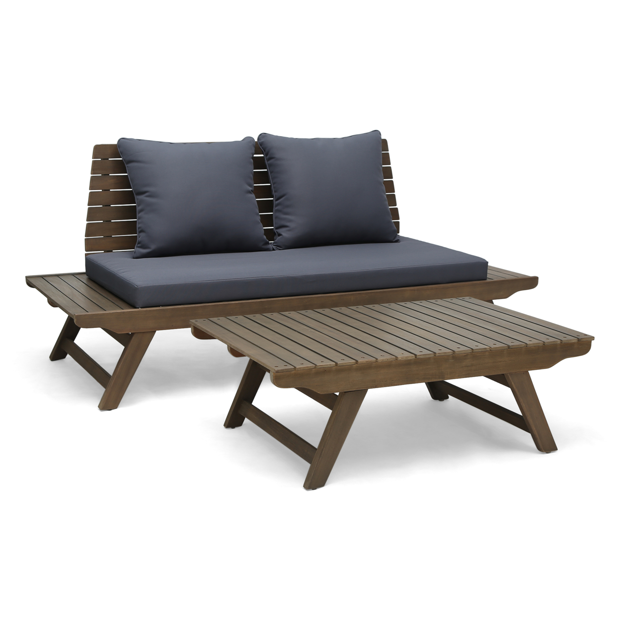 Enid Outdoor 2 Seater Acacia Wood Loveseat And Coffee Table Set - Gray + Dark Gray