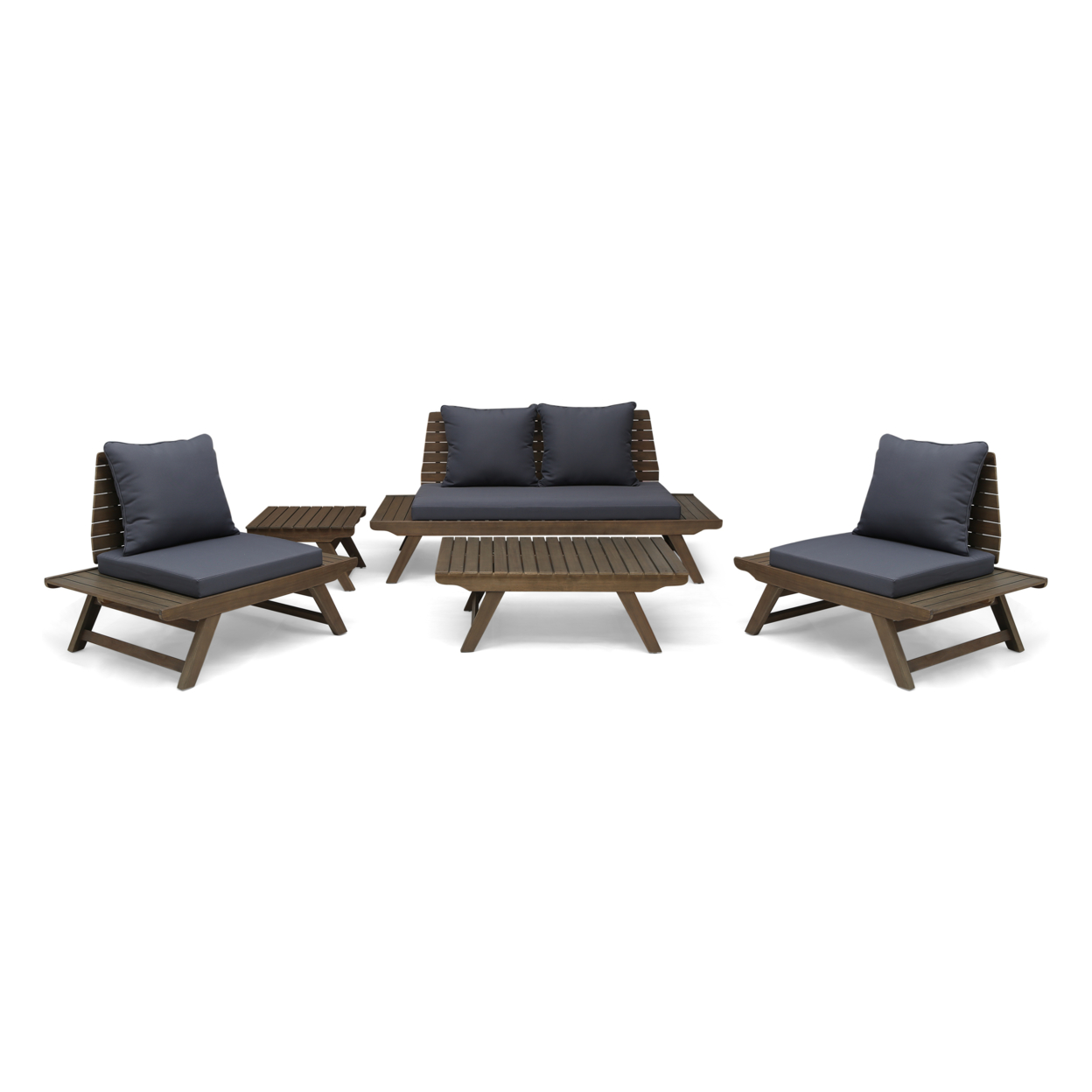 Martha Outdoor Acacia Wood 4 Seater Chat Set With Side Table And Coffee Table - Gray + Dark Gray