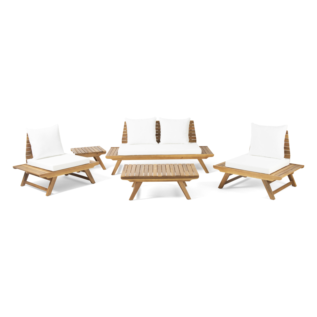 Martha Outdoor Acacia Wood 4 Seater Chat Set With Side Table And Coffee Table - Teak + White