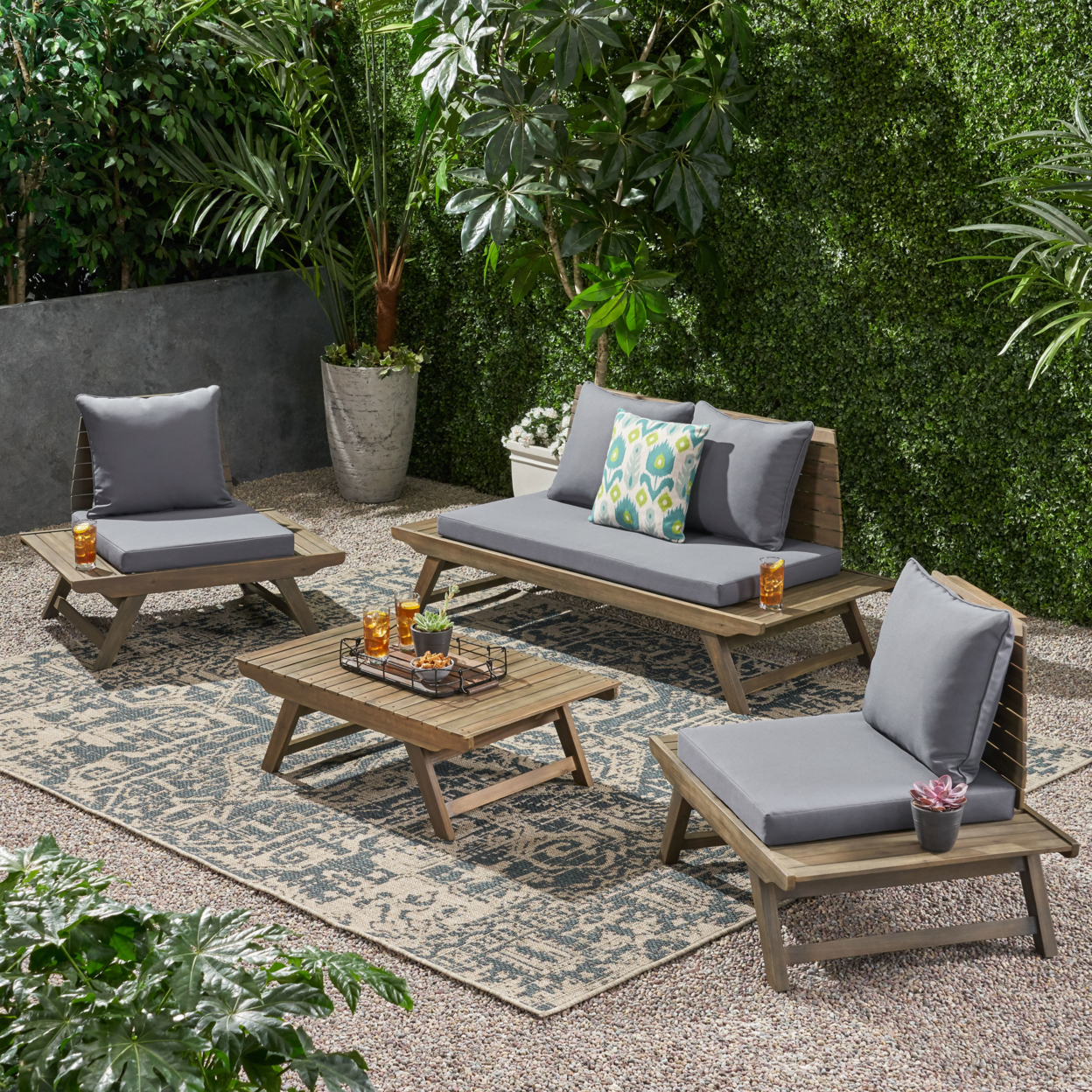 Lucy Outdoor Acacia Wood 4 Seater Chat Set - Gray + Dark Gray